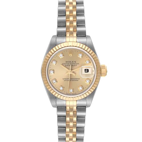 This image shows a front view of a Rolex Datejust watch, highlighting its dial, bezel, and two-tone bracelet.