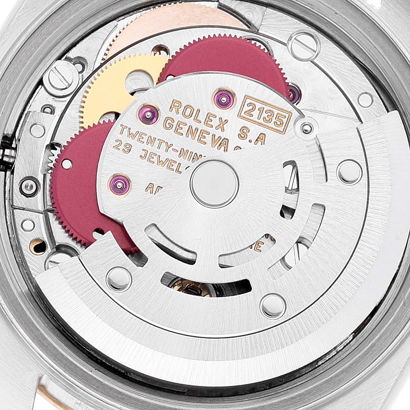 The image displays the intricate movement and inner mechanics of the Rolex Datejust 69173 Women's Steel and Gold (two tone) Champagne Dial 69173 Women's Steel and Gold (two tone) Champagne Dial watch from a close-up, top-down angle.