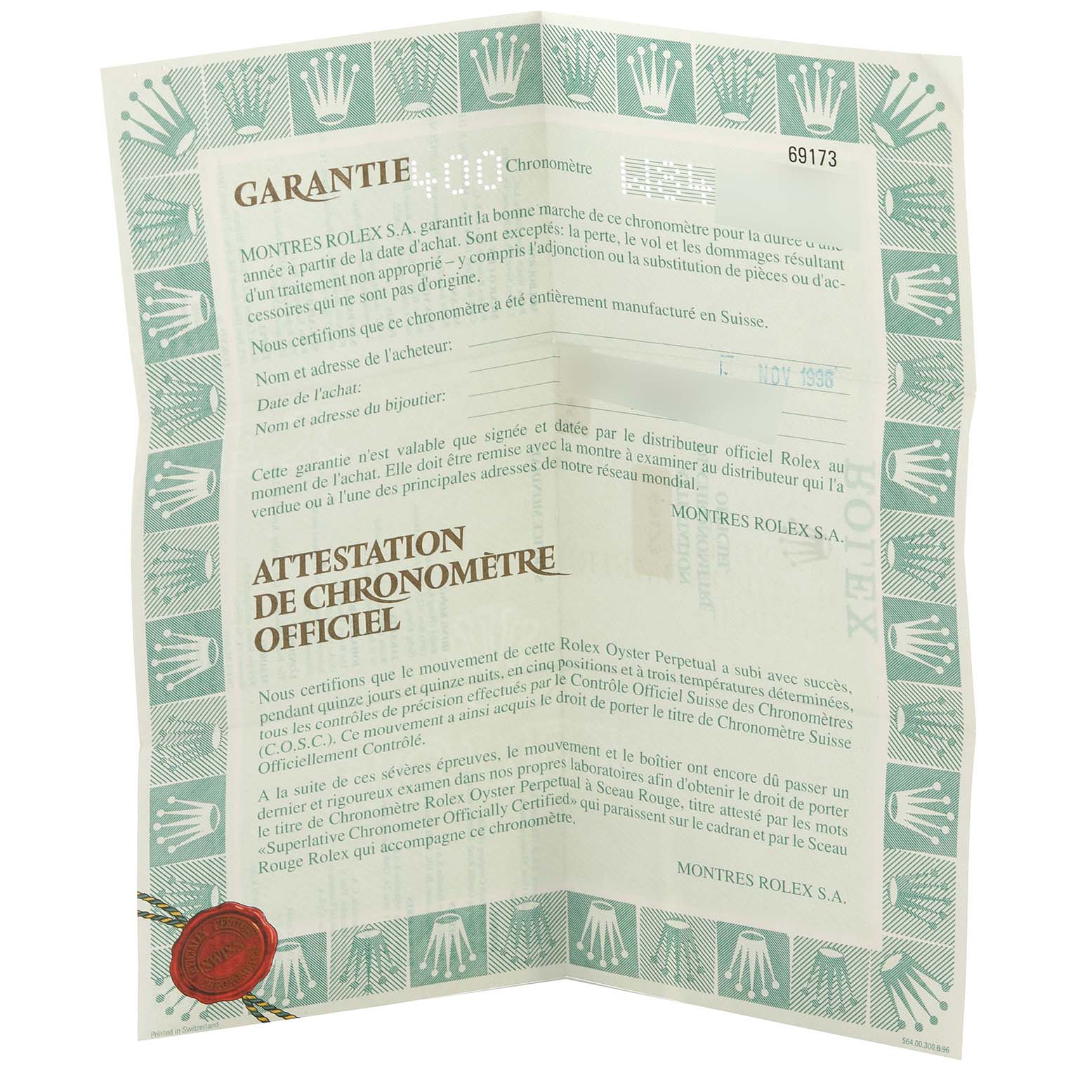 The image shows the official guarantee and chronometer certification document for a Rolex Datejust 69173 Women's Steel and Gold (two tone) Champagne Dial 69173 Women's Steel and Gold (two tone) Champagne Dial model.