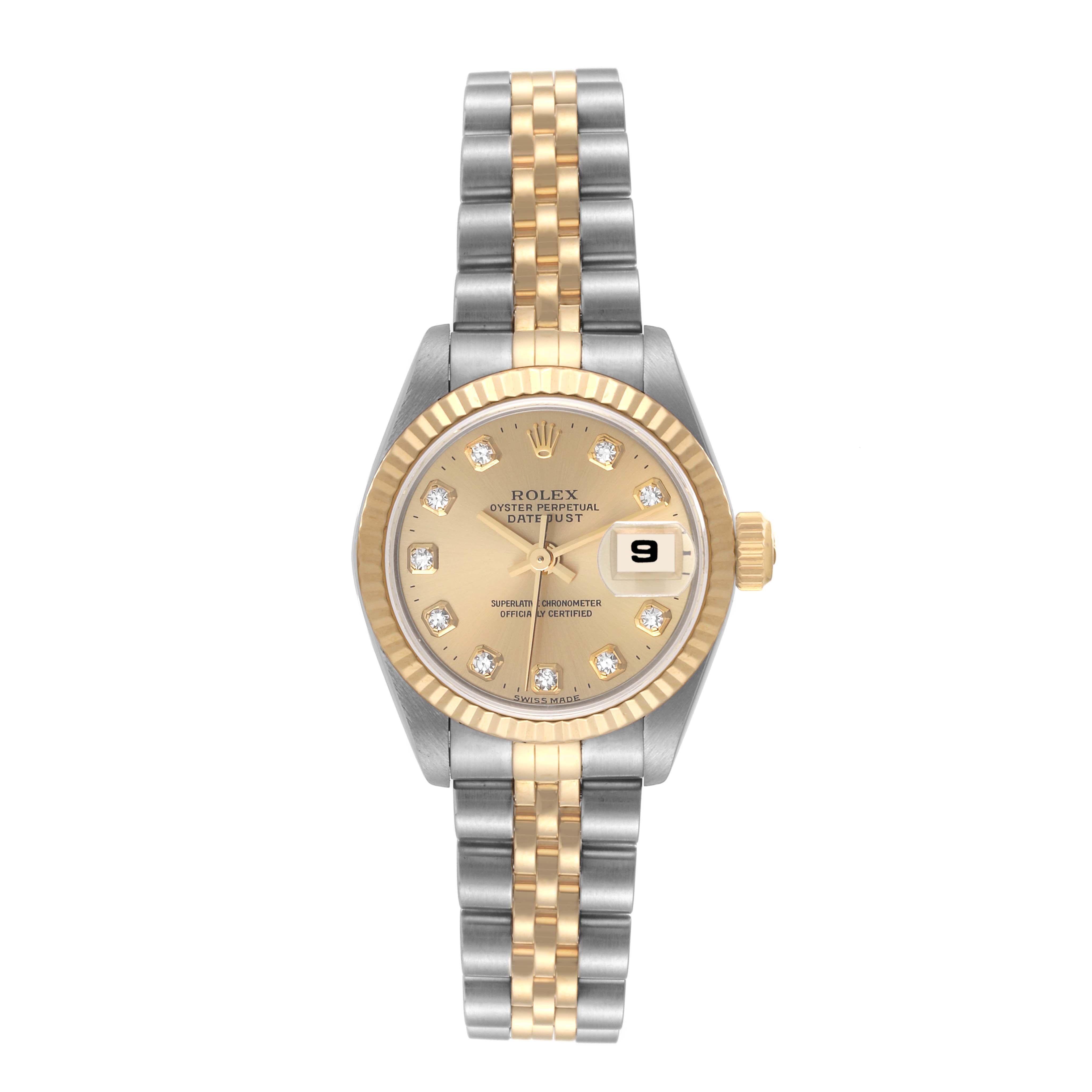 The image shows a front view of the Rolex Datejust 69173 Women's Steel and Gold (two tone) Champagne Dial 69173 Women's Steel and Gold (two tone) Champagne Dial watch, highlighting its two-tone bracelet, diamond hour markers, and date display.