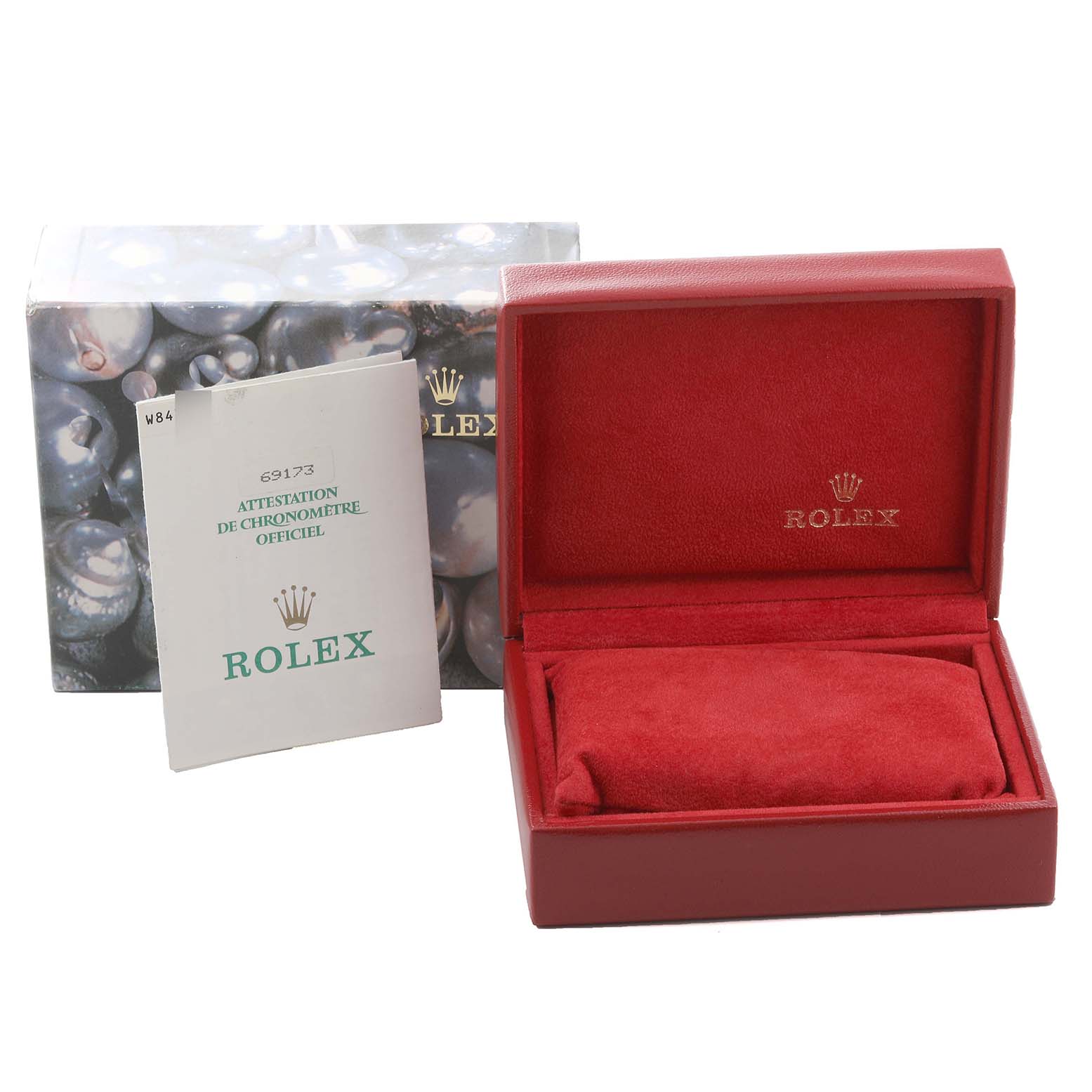 This image shows a Rolex Datejust 69173 Women's Steel and Gold (two tone) Champagne Dial 69173 Women's Steel and Gold (two tone) Champagne Dial box, pouch, outer packaging, and a certificate.