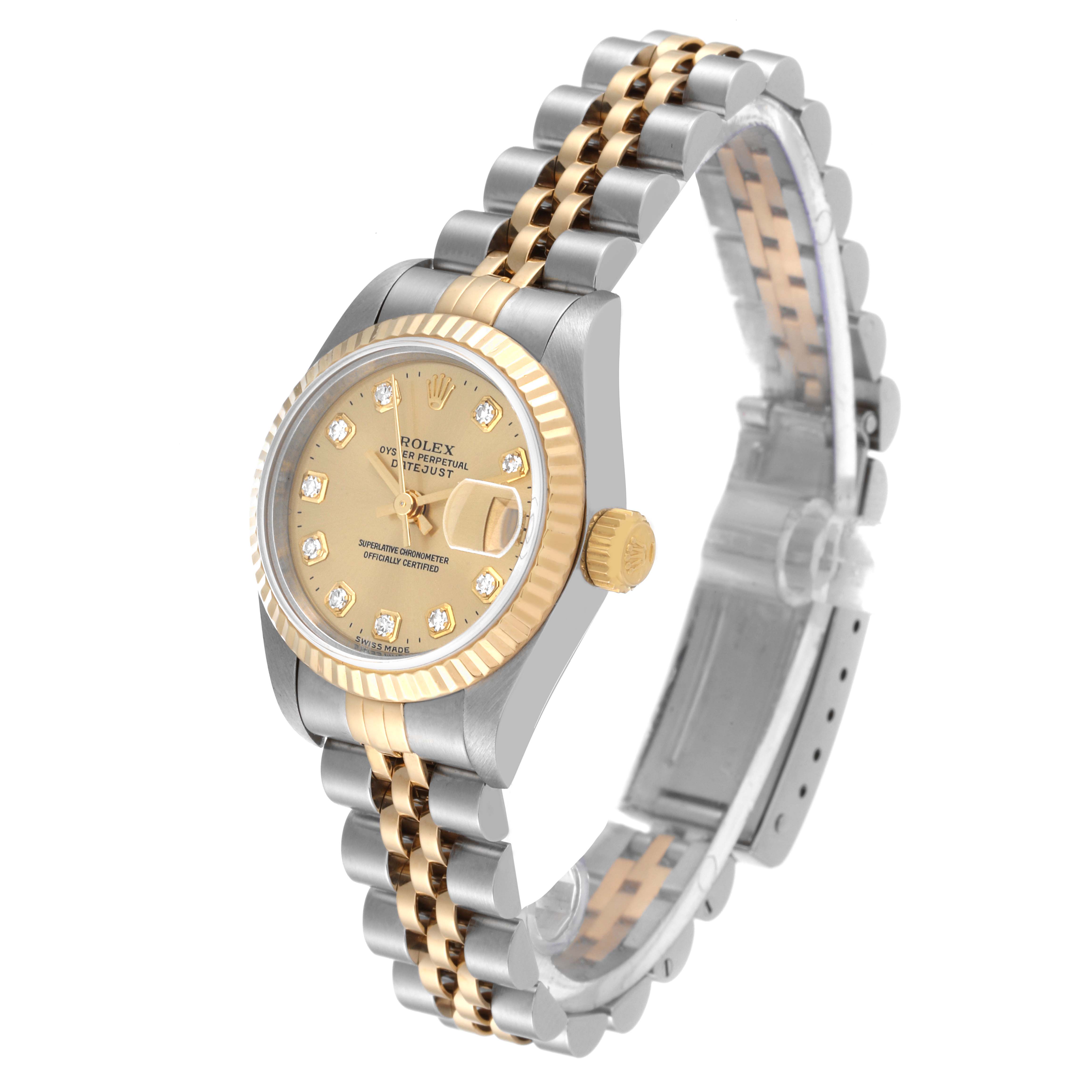 The Rolex Datejust 69173 Women's Steel and Gold (two tone) Champagne Dial 69173 Women's Steel and Gold (two tone) Champagne Dial watch is shown at a three-quarter angle, displaying the dial, bezel, case, and two-tone bracelet.