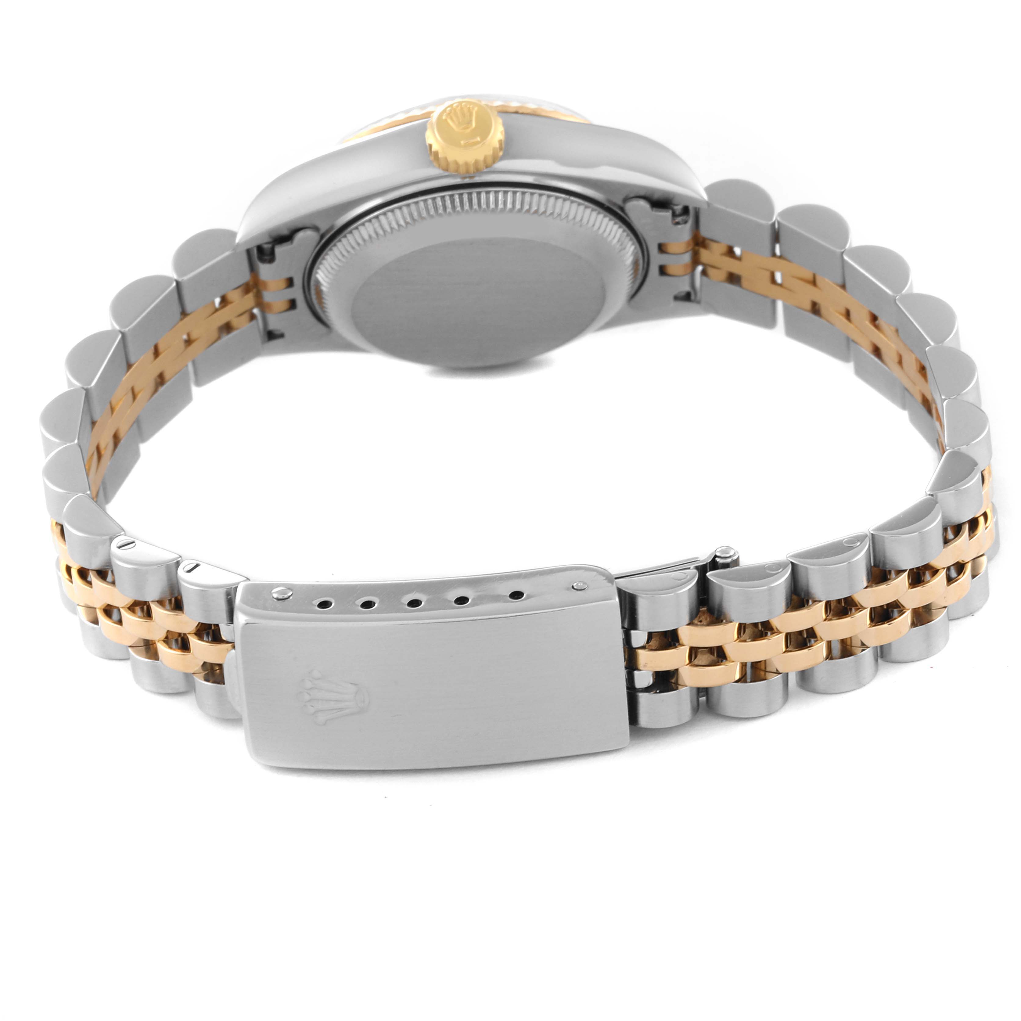 The image shows the back and clasp of a Rolex Datejust 69173 Women's Steel and Gold (two tone) Champagne Dial 69173 Women's Steel and Gold (two tone) Champagne Dial watch, highlighting the bi-color bracelet and caseback.