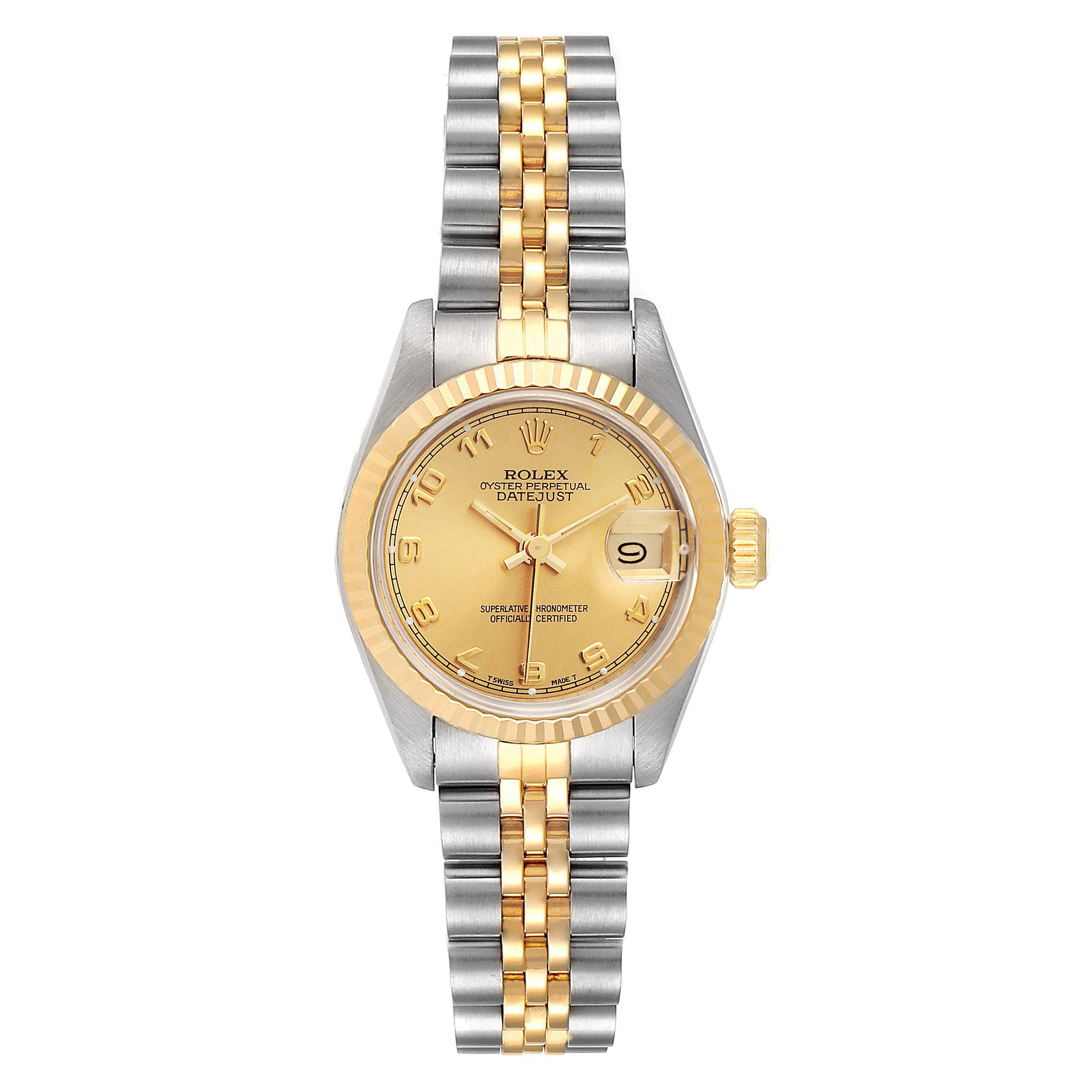 This image shows a Rolex Datejust 69173 Women
s Steel and Gold (two tone) Champagne Dial 69173 Women
s Steel and Gold (two tone) Champagne Dial watch from the front, displaying its face, bezel, case, crown, and Jubilee bracelet.