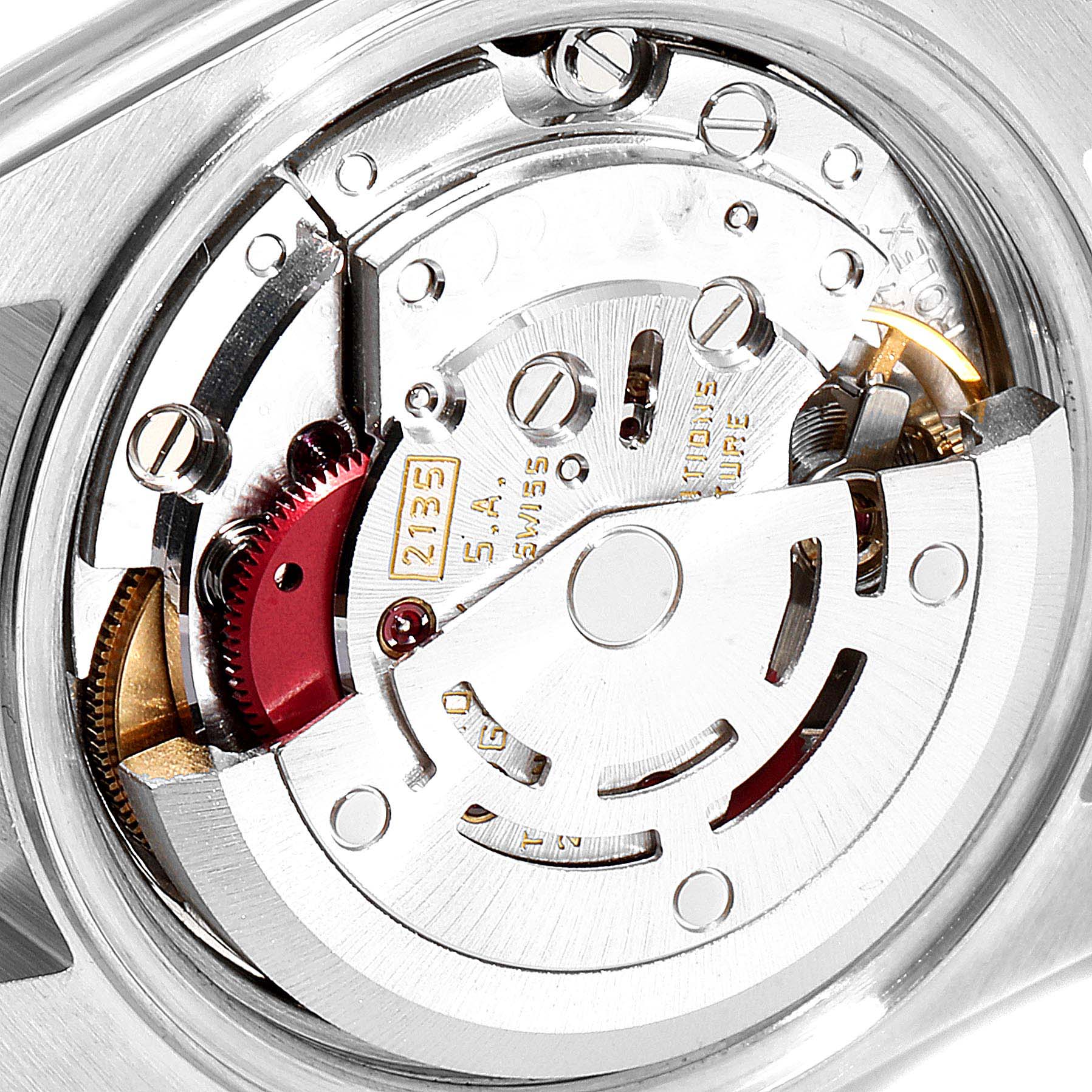 The image shows the internal movement mechanism of a Rolex Datejust 69173 Women
s Steel and Gold (two tone) Champagne Dial 69173 Women
s Steel and Gold (two tone) Champagne Dial watch from a close-up perspective.