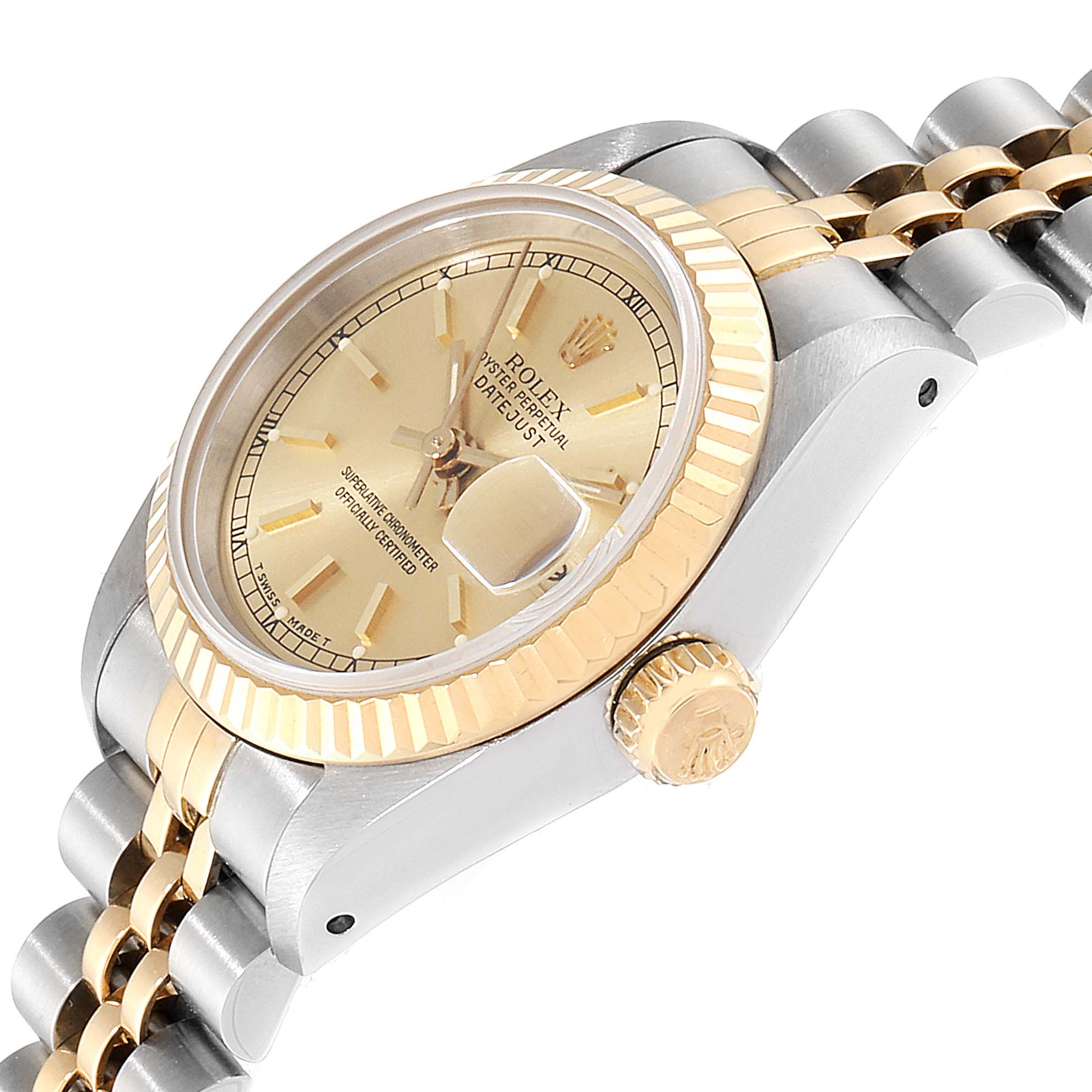 The image shows a side angle of a Rolex Datejust 69173 Women
s Steel and Gold (two tone) Champagne Dial 69173 Women
s Steel and Gold (two tone) Champagne Dial watch, highlighting the crown, fluted bezel, and part of the bracelet.