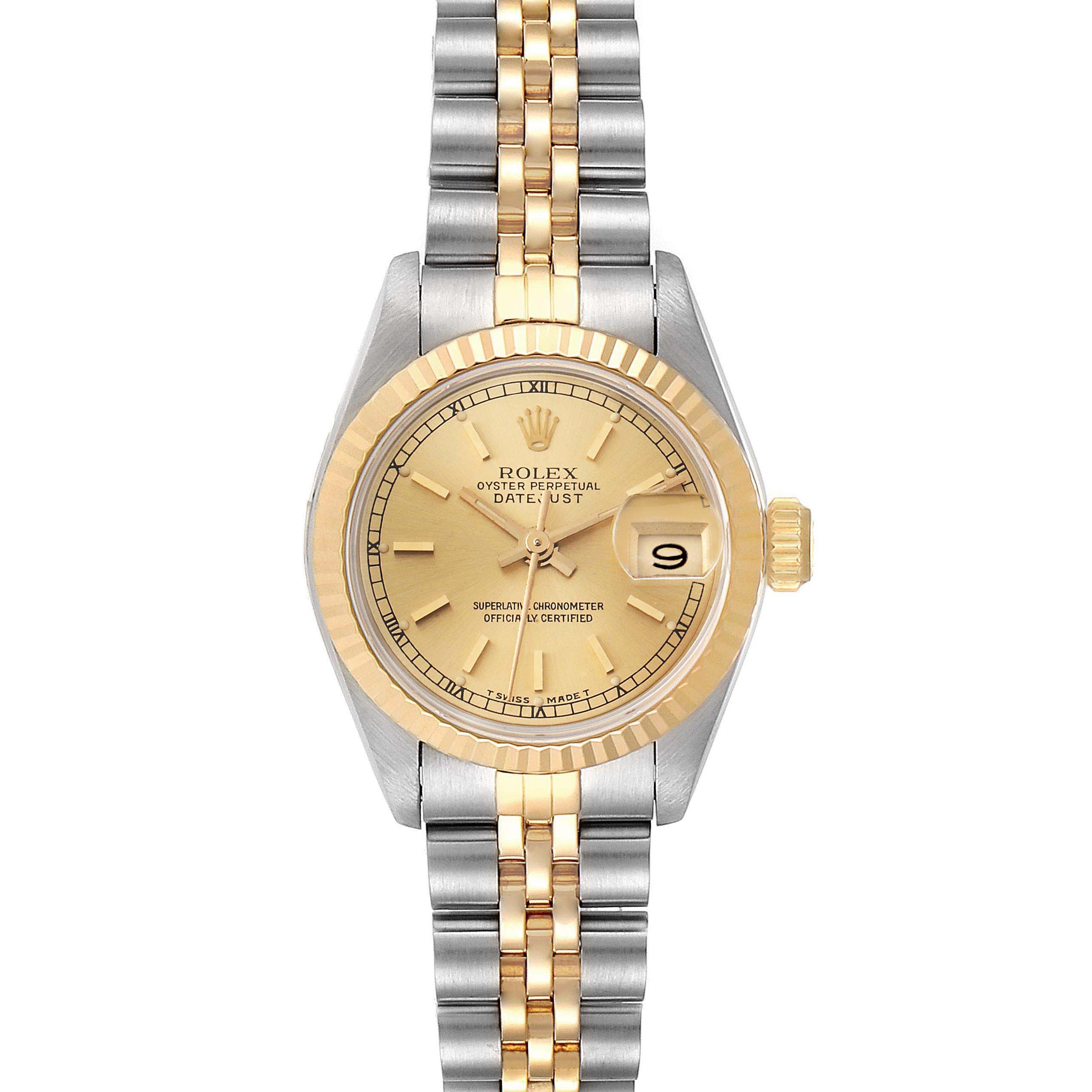 The image shows a frontal view of a Rolex Datejust 69173 Women
s Steel and Gold (two tone) Champagne Dial 69173 Women
s Steel and Gold (two tone) Champagne Dial watch, displaying the dial, bracelet, bezel, and crown.