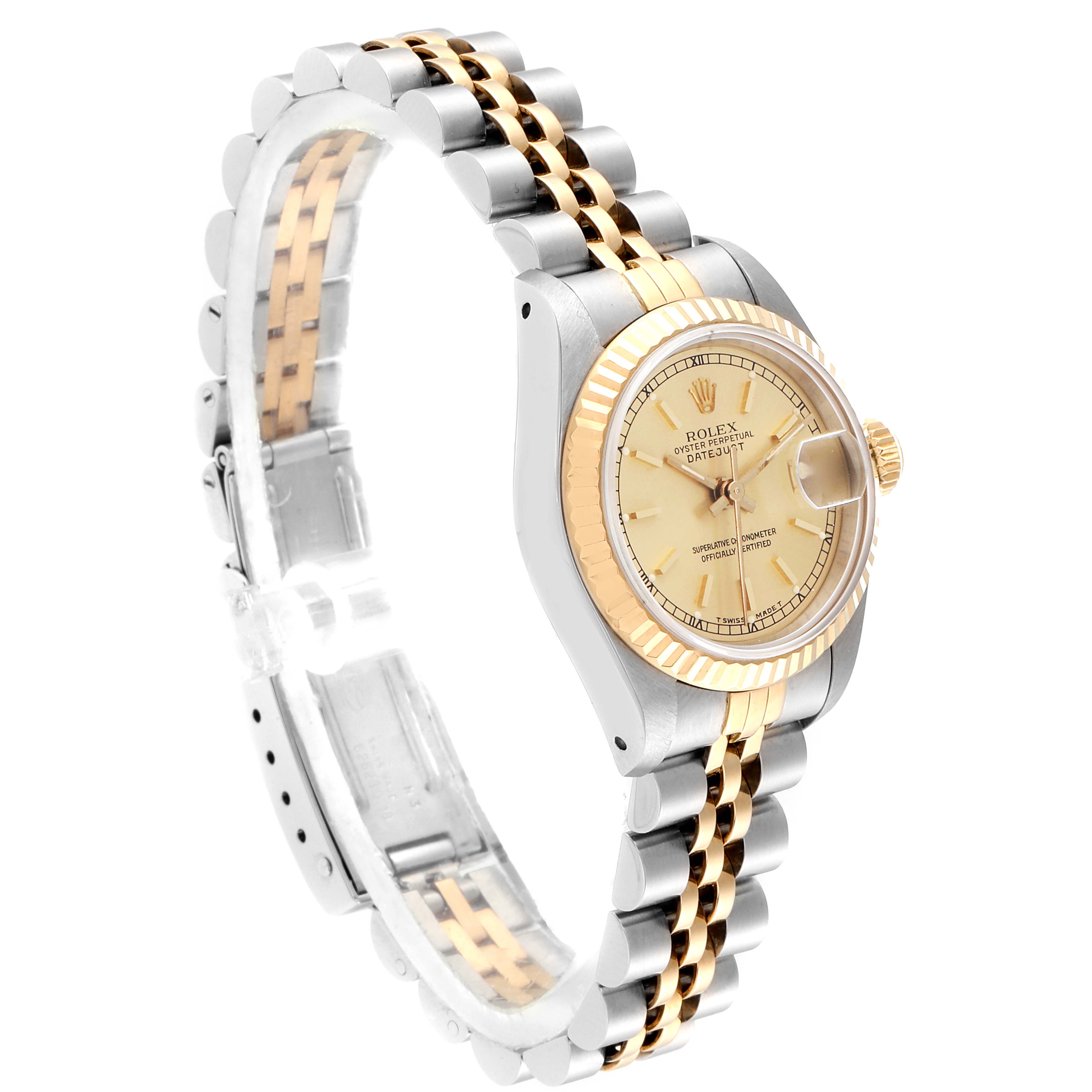 This is a side angle view of a Rolex Datejust 69173 Women
s Steel and Gold (two tone) Champagne Dial 69173 Women
s Steel and Gold (two tone) Champagne Dial watch, showing the case, bracelet, and dial clearly.