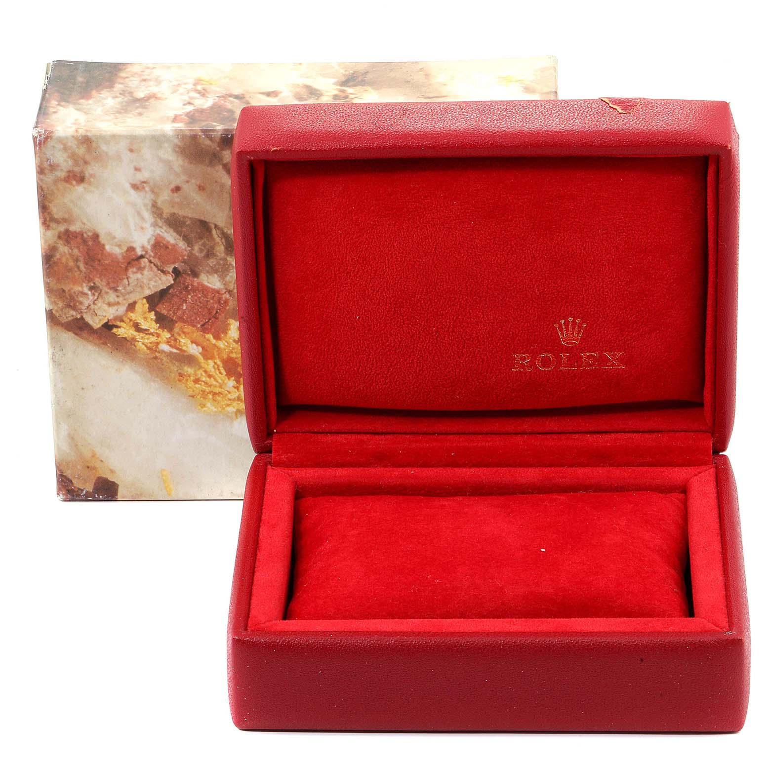 The image shows a red Rolex Datejust 69173 Women
s Steel and Gold (two tone) Champagne Dial 69173 Women
s Steel and Gold (two tone) Champagne Dial watch box with cushion and a decorative outer box.