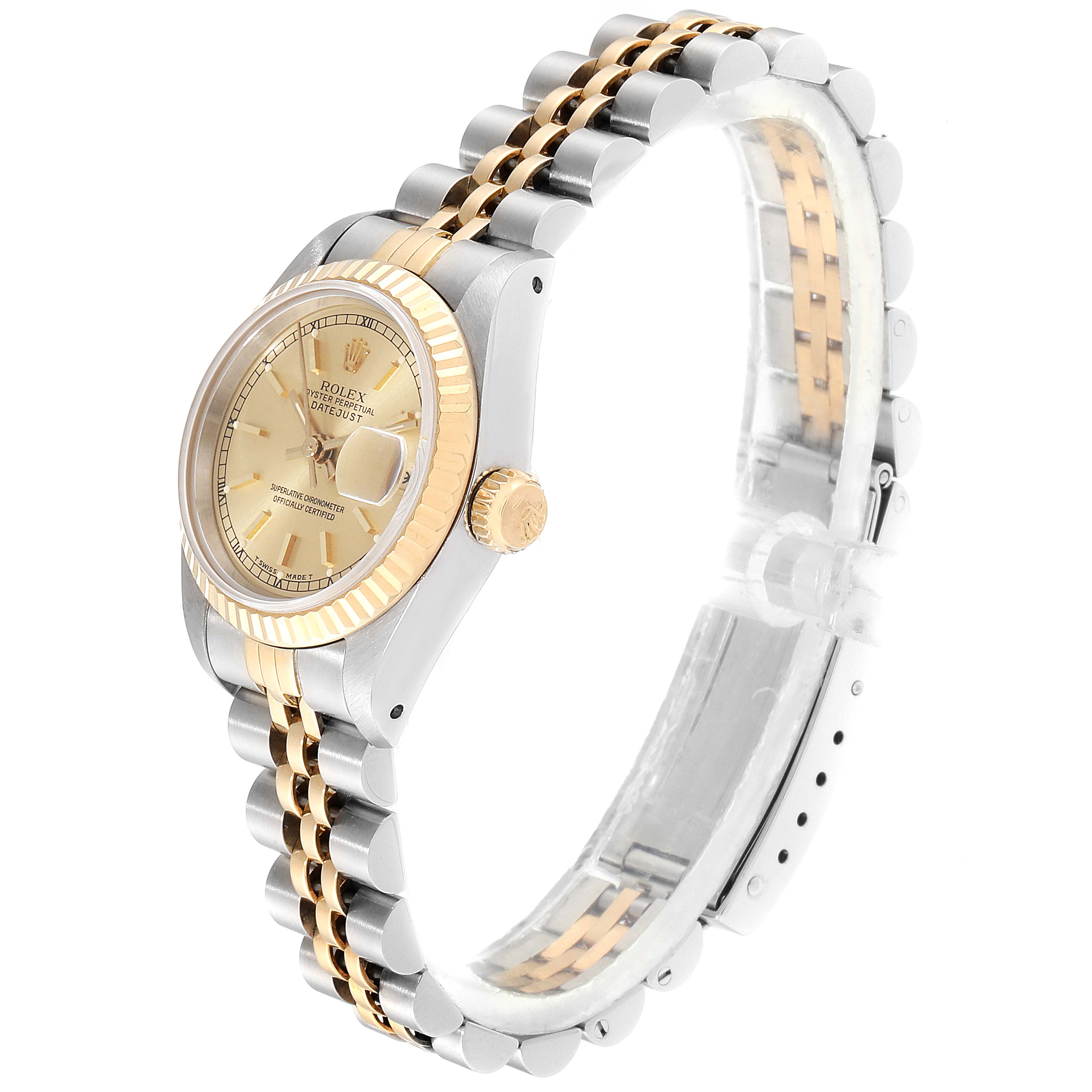This image shows the Rolex Datejust 69173 Women
s Steel and Gold (two tone) Champagne Dial 69173 Women
s Steel and Gold (two tone) Champagne Dial watch at a three-quarter angle, highlighting its dial, bezel, crown, and jubilee bracelet.