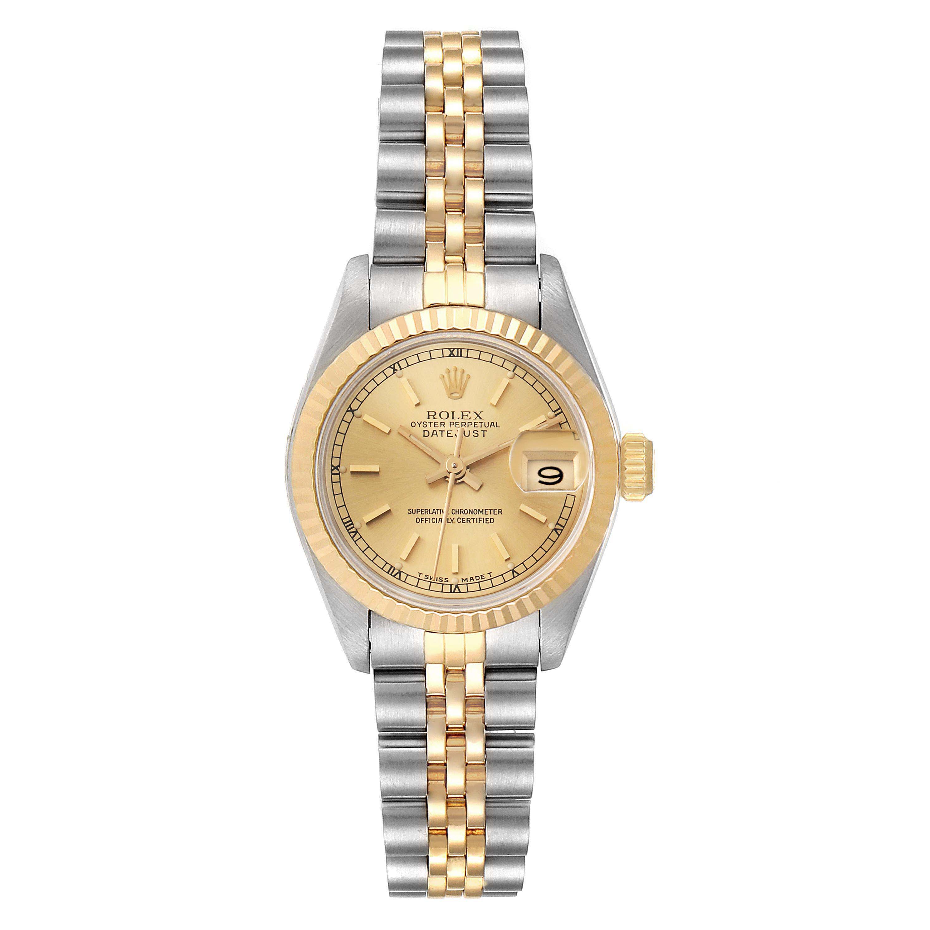 This image shows a front view of a Rolex Datejust 69173 Women
s Steel and Gold (two tone) Champagne Dial 69173 Women
s Steel and Gold (two tone) Champagne Dial watch, highlighting its gold and silver design and date display.