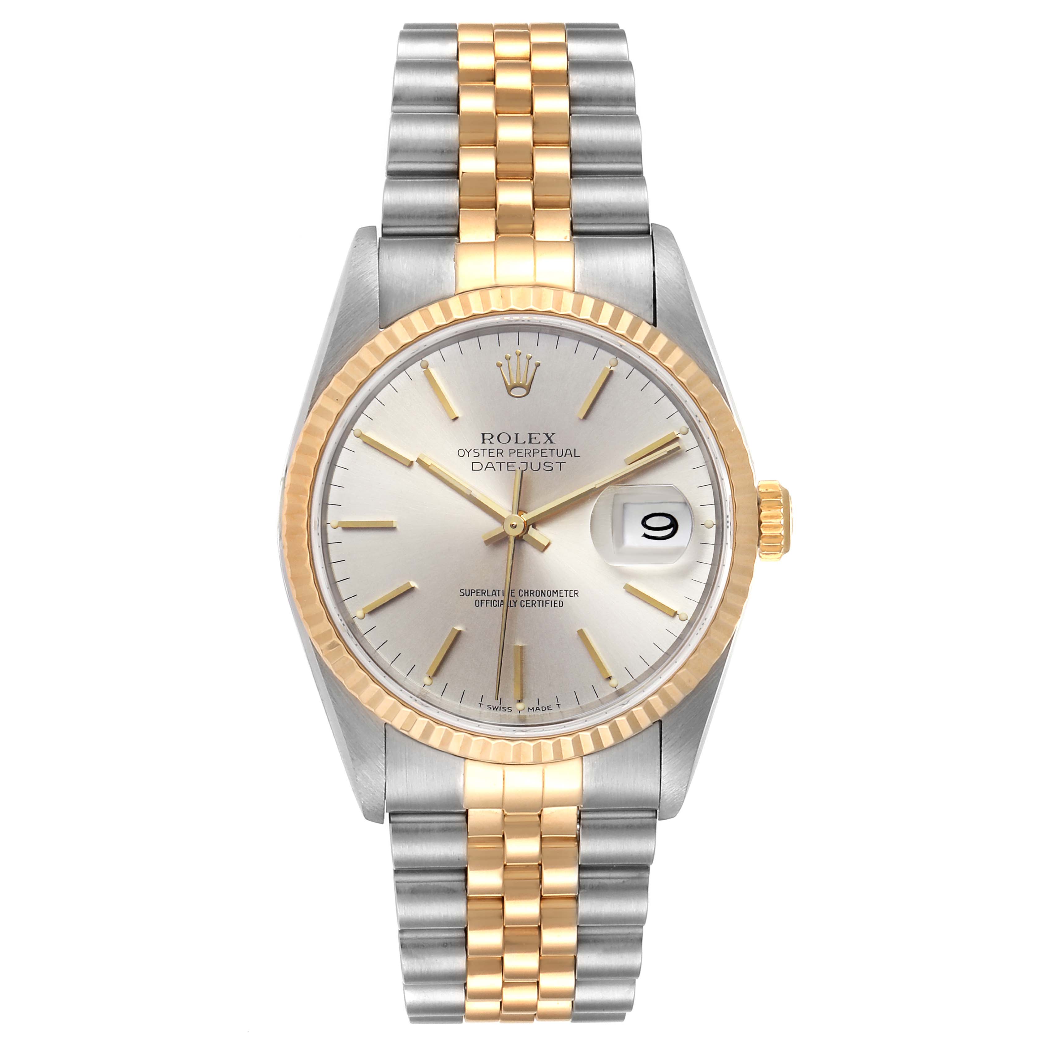 This image shows a front view of a Rolex Datejust 16233 Men
s Steel and Gold (two tone) Silver Dial 16233 Men
s Steel and Gold (two tone) Silver Dial watch displaying its face, bezel, and two-tone bracelet.
