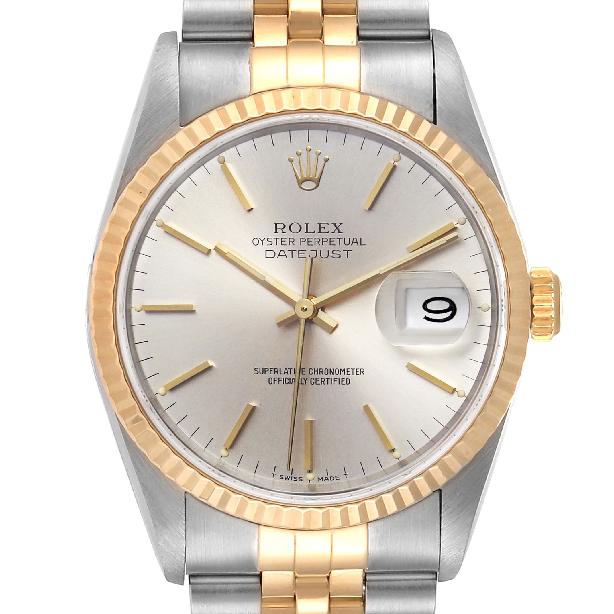 The image shows a frontal view of a Rolex Datejust 16233 Men
s Steel and Gold (two tone) Silver Dial 16233 Men
s Steel and Gold (two tone) Silver Dial watch, highlighting the dial, bezel, case, and bracelet.