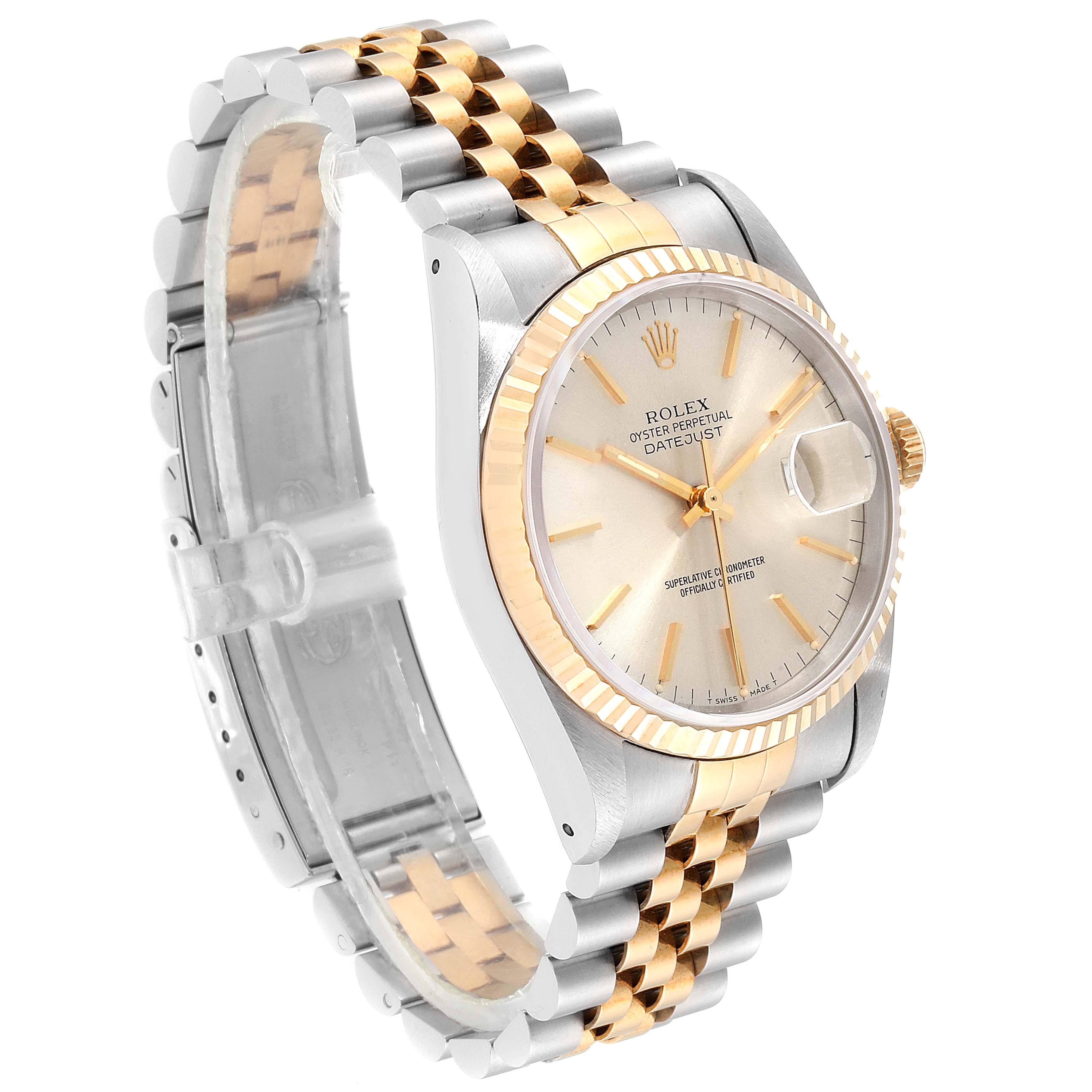 This image shows a Rolex Datejust 16233 Men
s Steel and Gold (two tone) Silver Dial 16233 Men
s Steel and Gold (two tone) Silver Dial watch angled to display the face, bezel, and jubilee bracelet.