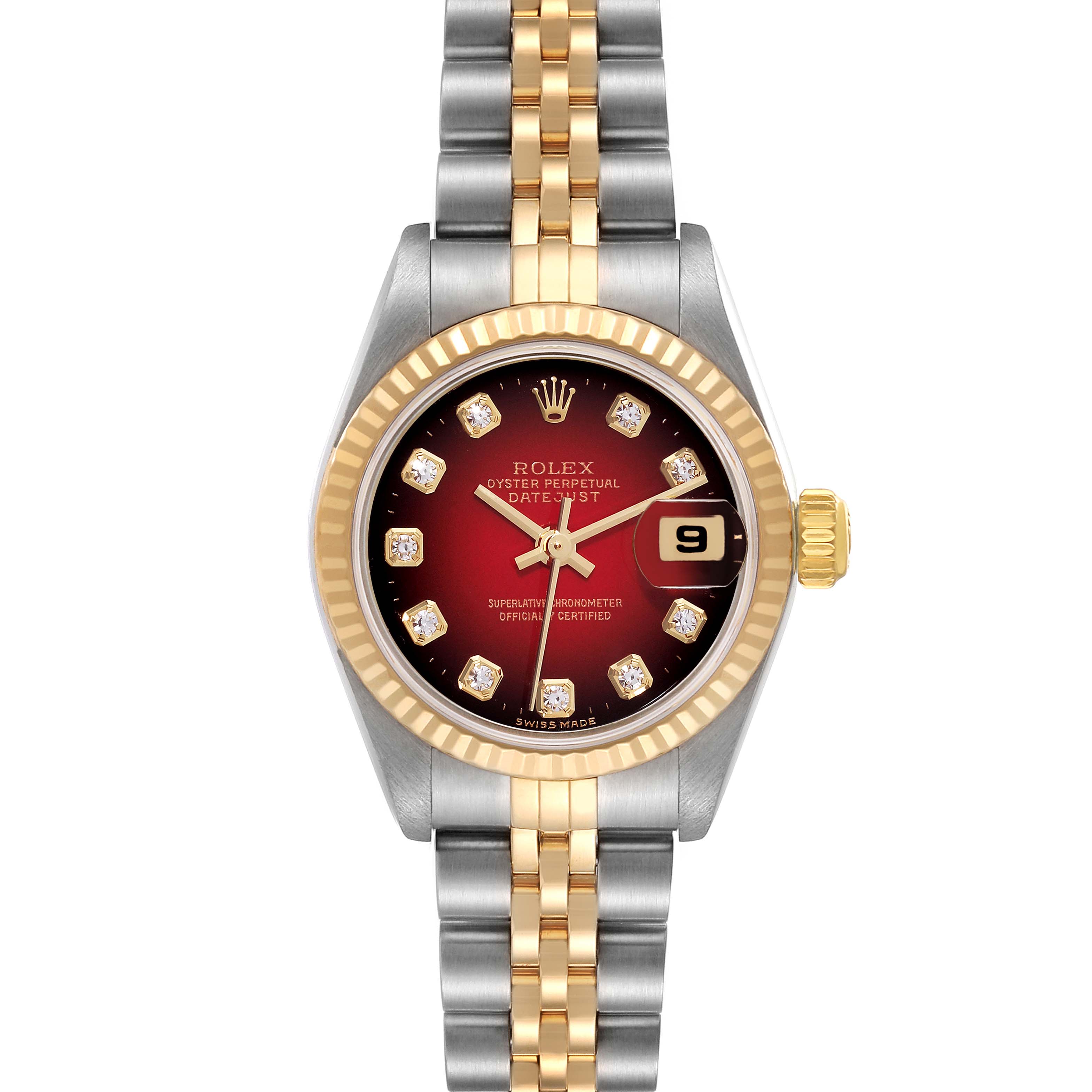 This image shows a front view of the Rolex Datejust 79173 Women's Steel and Gold (two tone) Red Dial 79173 Women's Steel and Gold (two tone) Red Dial watch featuring a dual-tone bracelet, diamond hour markers, and an inset date display.