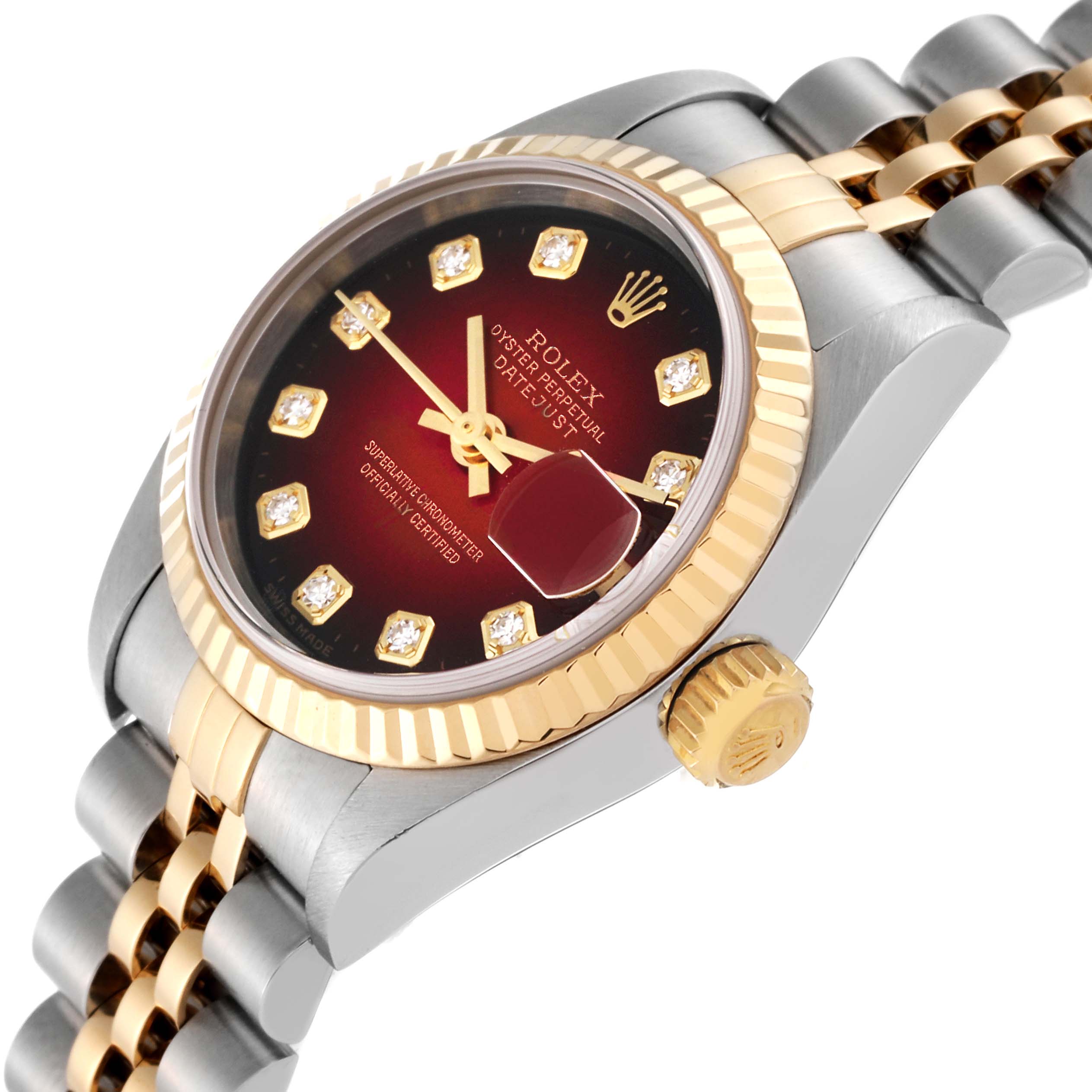 This image shows a close-up, angled view of a Rolex Datejust 79173 Women's Steel and Gold (two tone) Red Dial 79173 Women's Steel and Gold (two tone) Red Dial watch, highlighting its dial, bezel, crown, and bracelet.