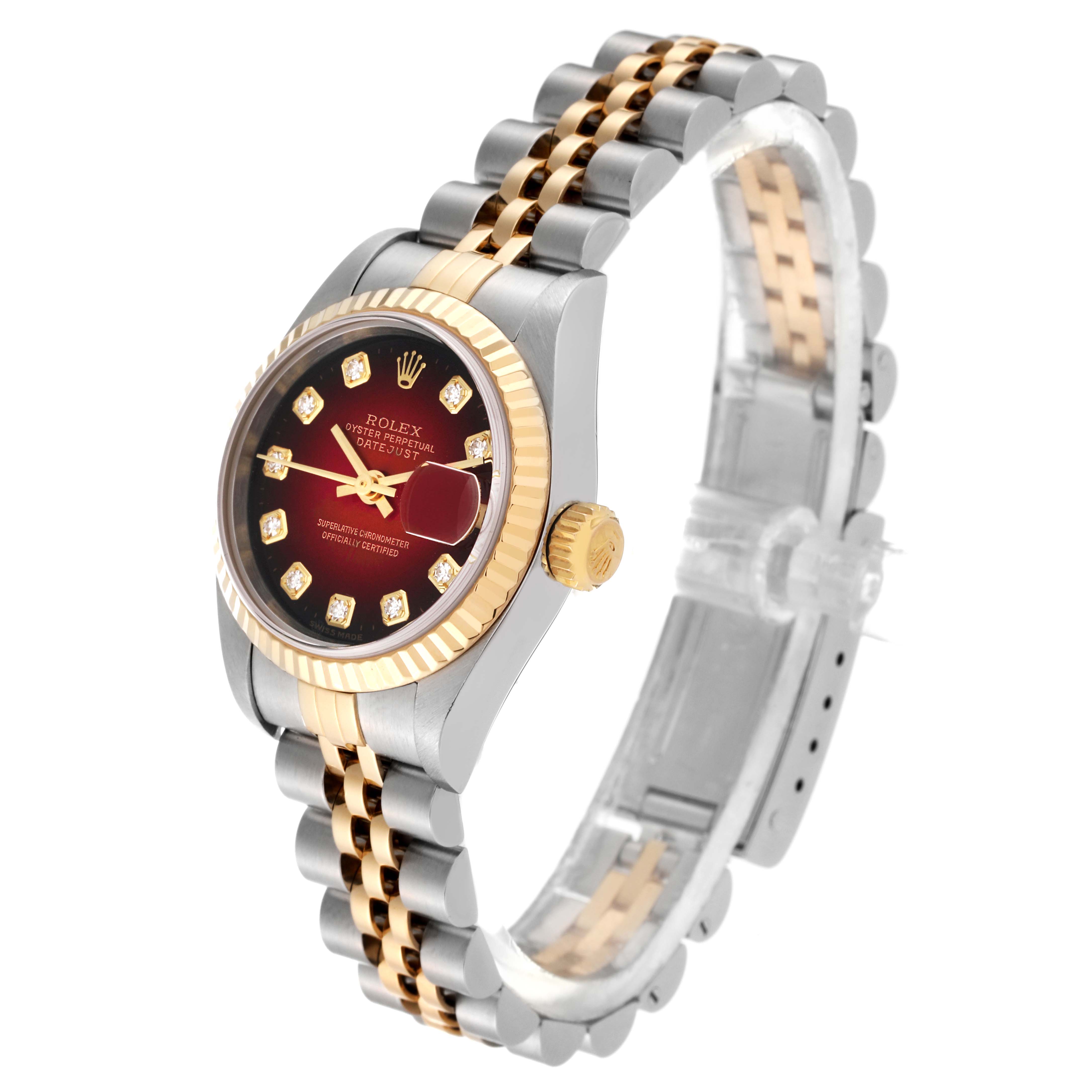 The Rolex Datejust 79173 Women's Steel and Gold (two tone) Red Dial 79173 Women's Steel and Gold (two tone) Red Dial watch is shown from a side angle, highlighting its bezel, crown, dial, and two-tone bracelet.