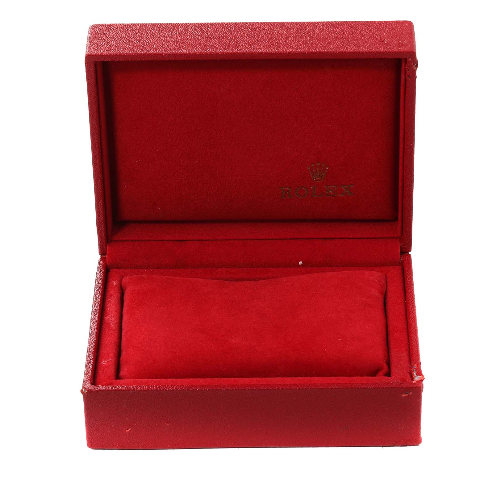 This is a red Rolex Datejust 79173 Women's Steel and Gold (two tone) Red Dial 79173 Women's Steel and Gold (two tone) Red Dial watch box shown from the front with the lid open, revealing an empty cushion inside.