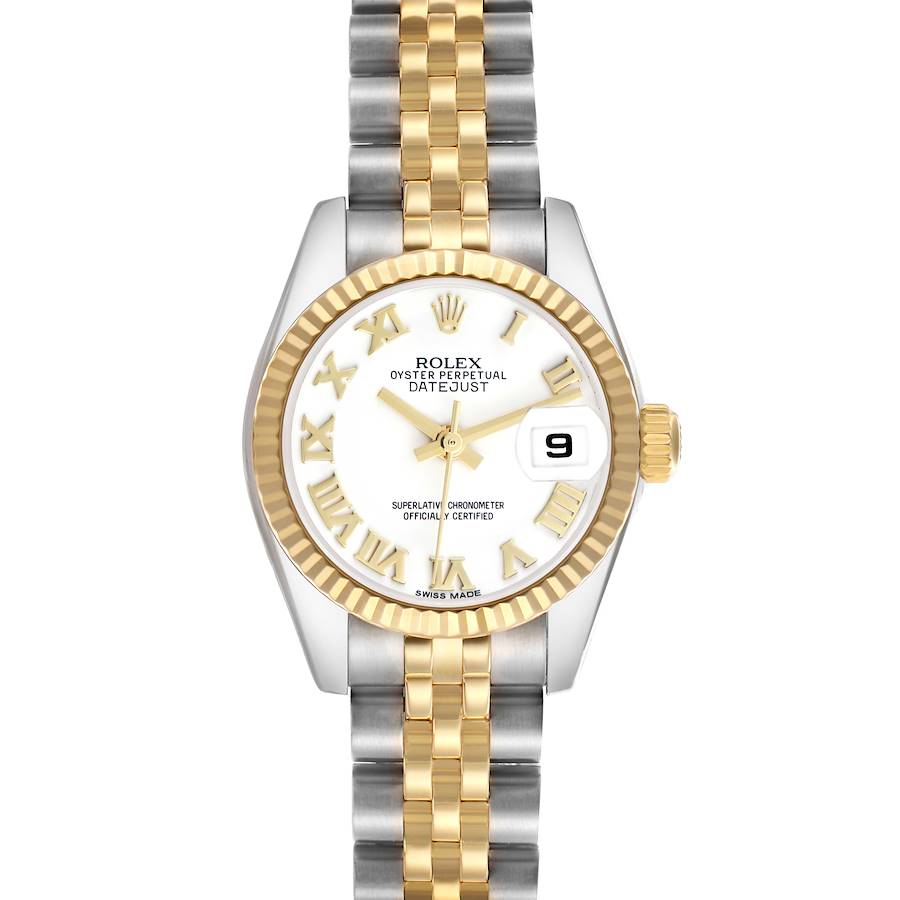 The Rolex Datejust watch is shown from a top view, displaying its face, fluted bezel, and two-tone bracelet.