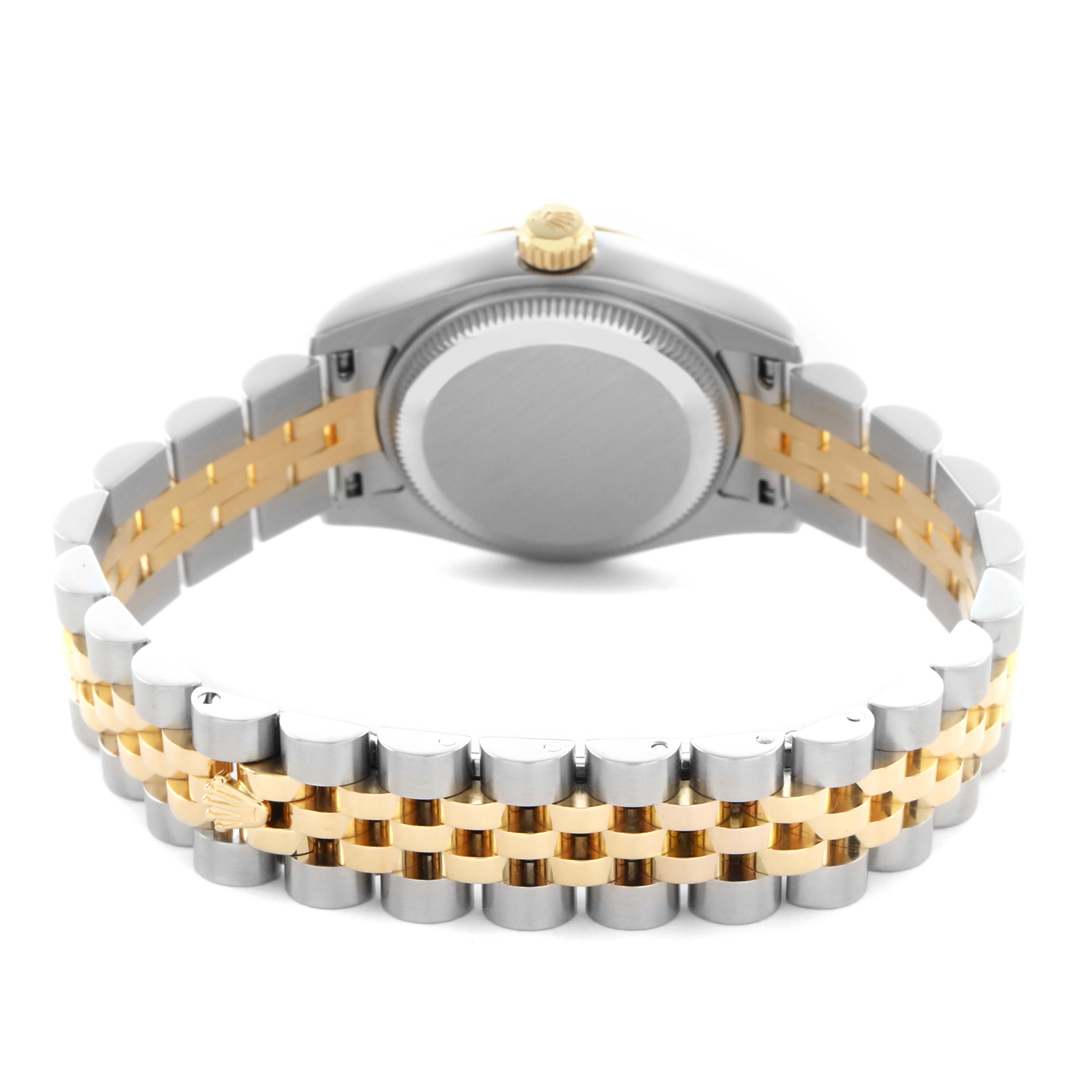 The image shows the back of a Rolex Datejust 179173 Women's Steel and Gold (two tone) White Dial 179173 Women's Steel and Gold (two tone) White Dial, highlighting its bracelet and case back.