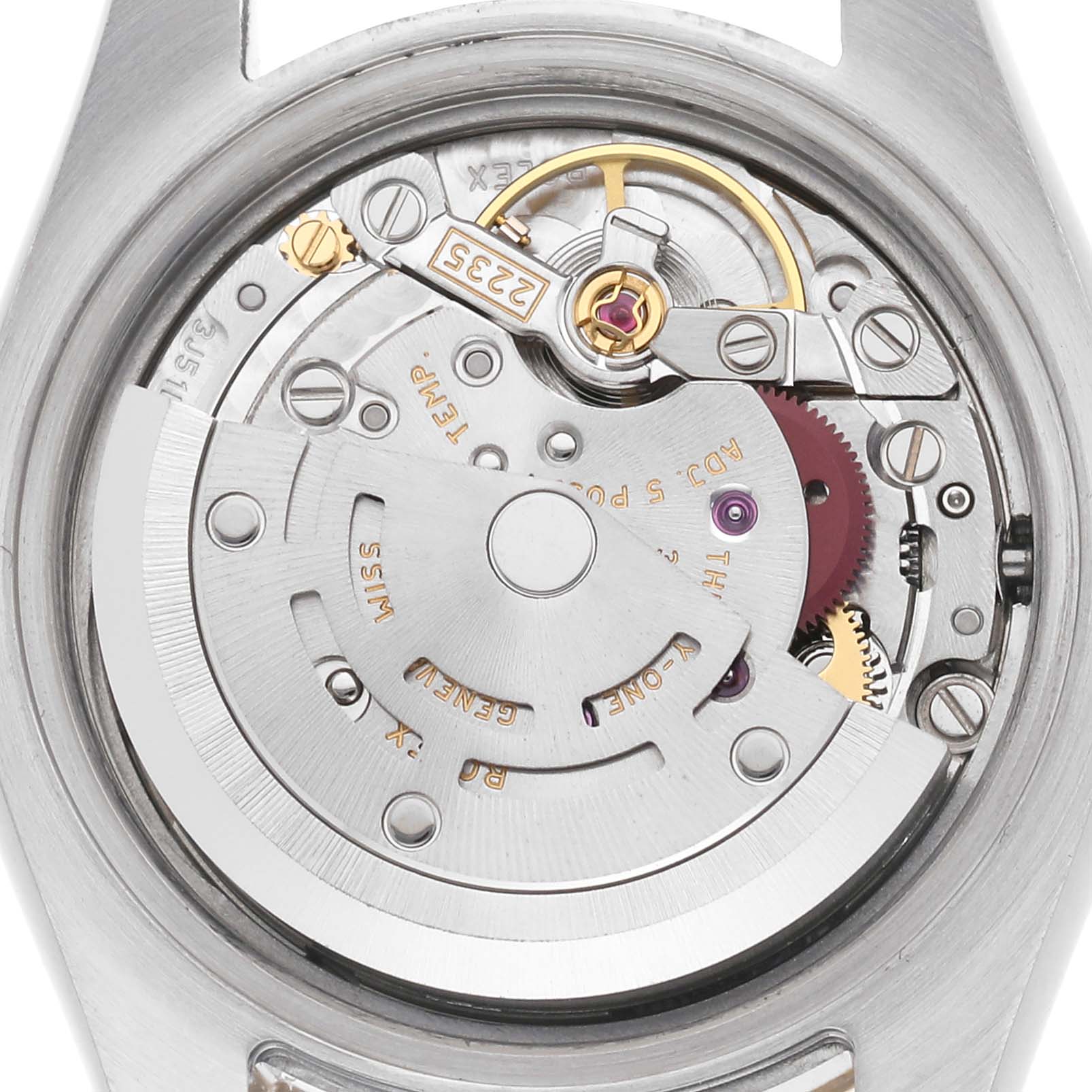 The image shows the movement mechanism of a Rolex Datejust 179173 Women's Steel and Gold (two tone) White Dial 179173 Women's Steel and Gold (two tone) White Dial watch, viewed from the back, displaying the rotor and gears.