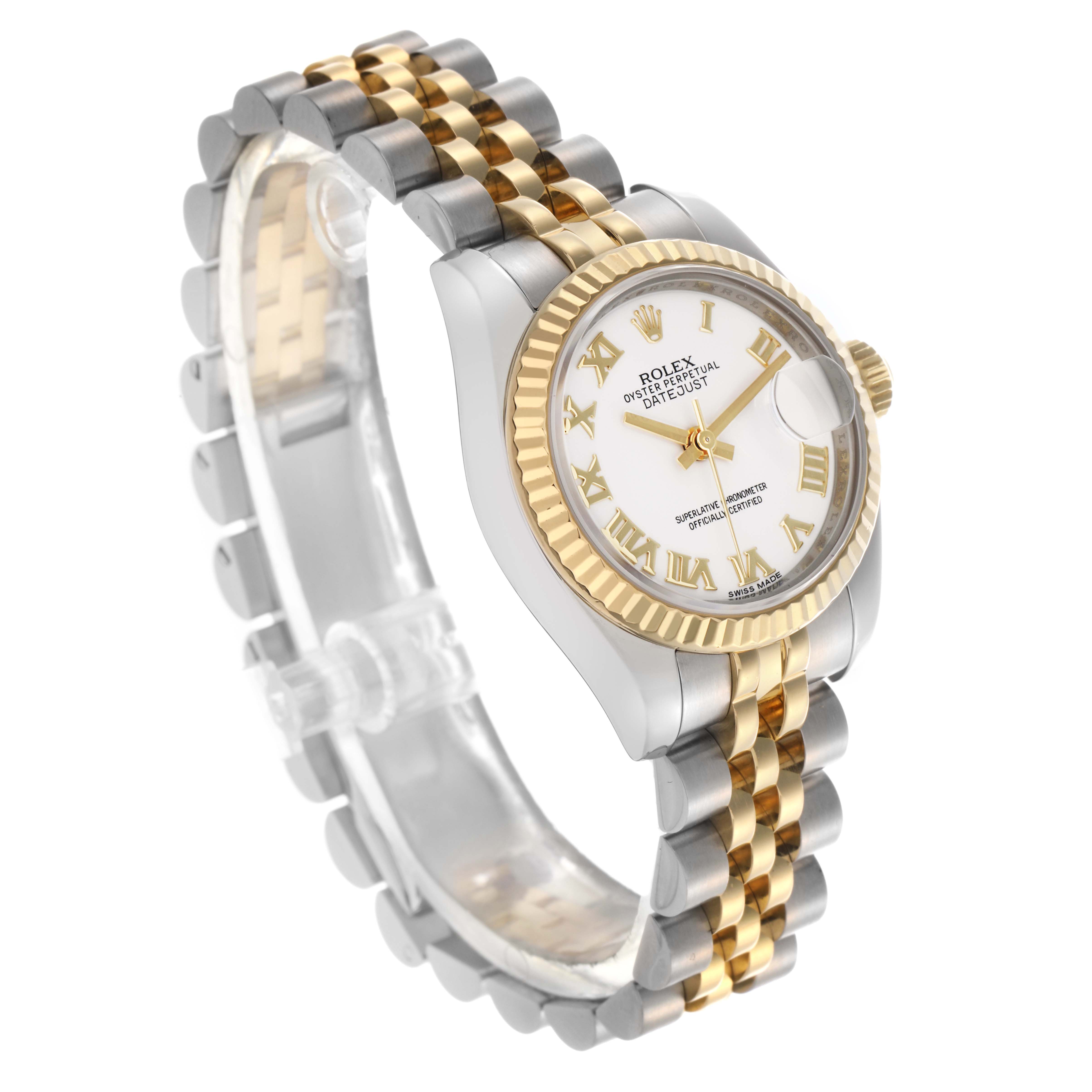 The Rolex Datejust 179173 Women's Steel and Gold (two tone) White Dial 179173 Women's Steel and Gold (two tone) White Dial watch is shown at a three-quarter angle, displaying its gold and silver two-tone Jubilee bracelet, fluted bezel, and dial with Roman numerals.