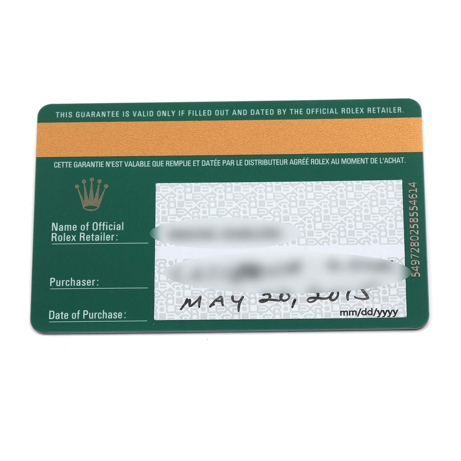 The image shows a warranty card for the Rolex Datejust 179173 Women's Steel and Gold (two tone) White Dial 179173 Women's Steel and Gold (two tone) White Dial, displaying purchase details from an overhead angle.