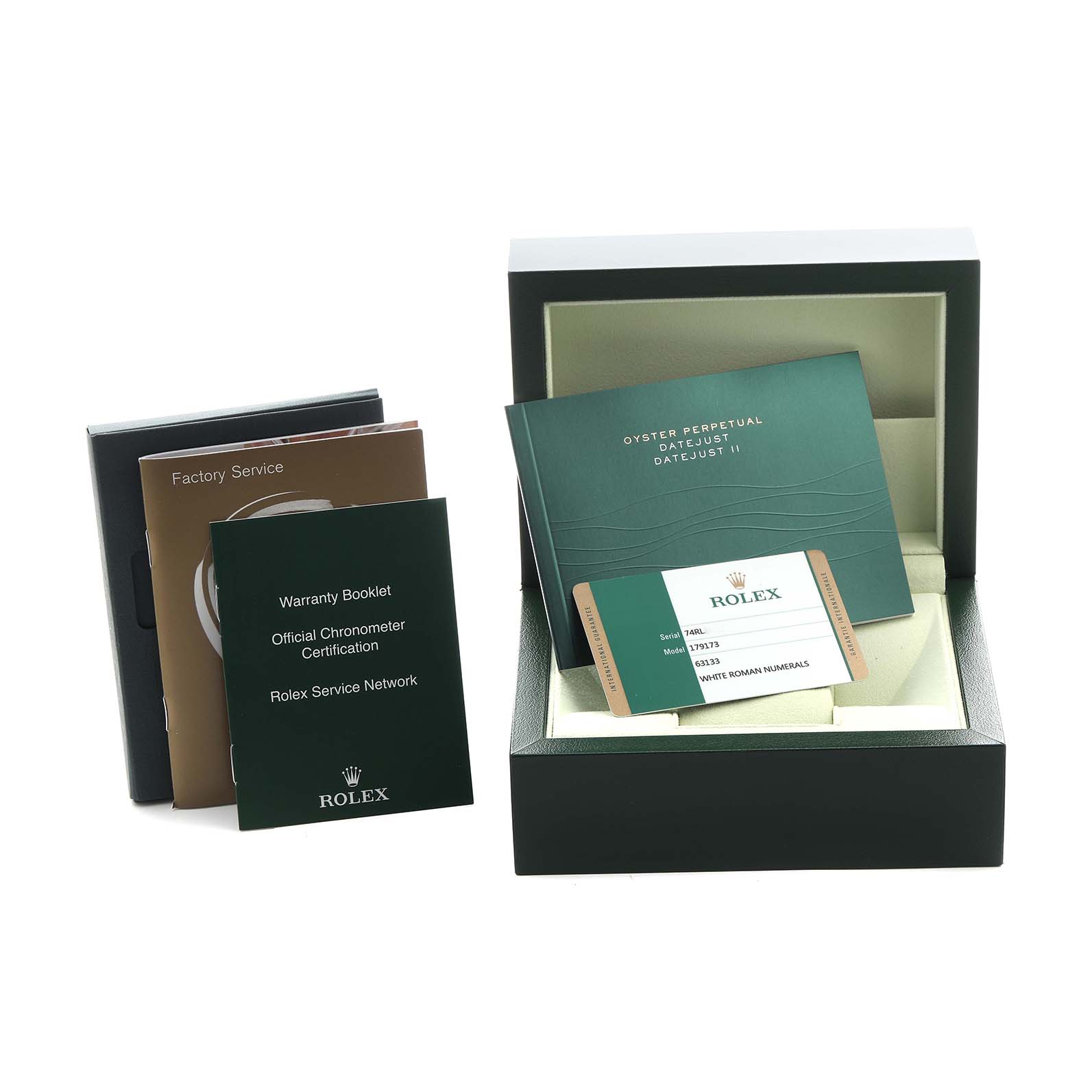 The image shows the packaging and documentation for a Rolex Datejust 179173 Women's Steel and Gold (two tone) White Dial 179173 Women's Steel and Gold (two tone) White Dial, including the box, warranty booklet, and certification cards.
