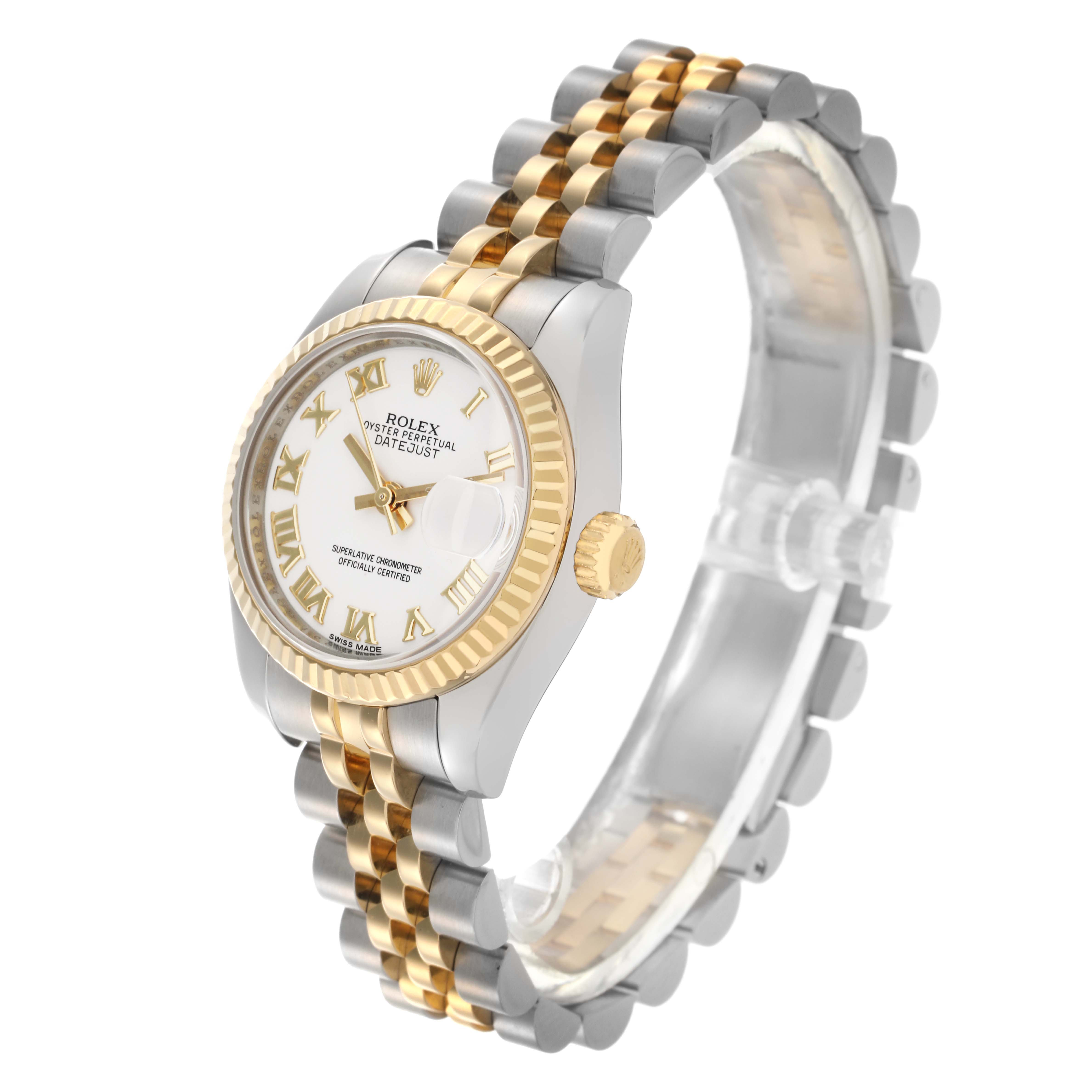 The Rolex Datejust 179173 Women's Steel and Gold (two tone) White Dial 179173 Women's Steel and Gold (two tone) White Dial watch is shown from a high angle, displaying the bezel, dial, and two-tone bracelet.