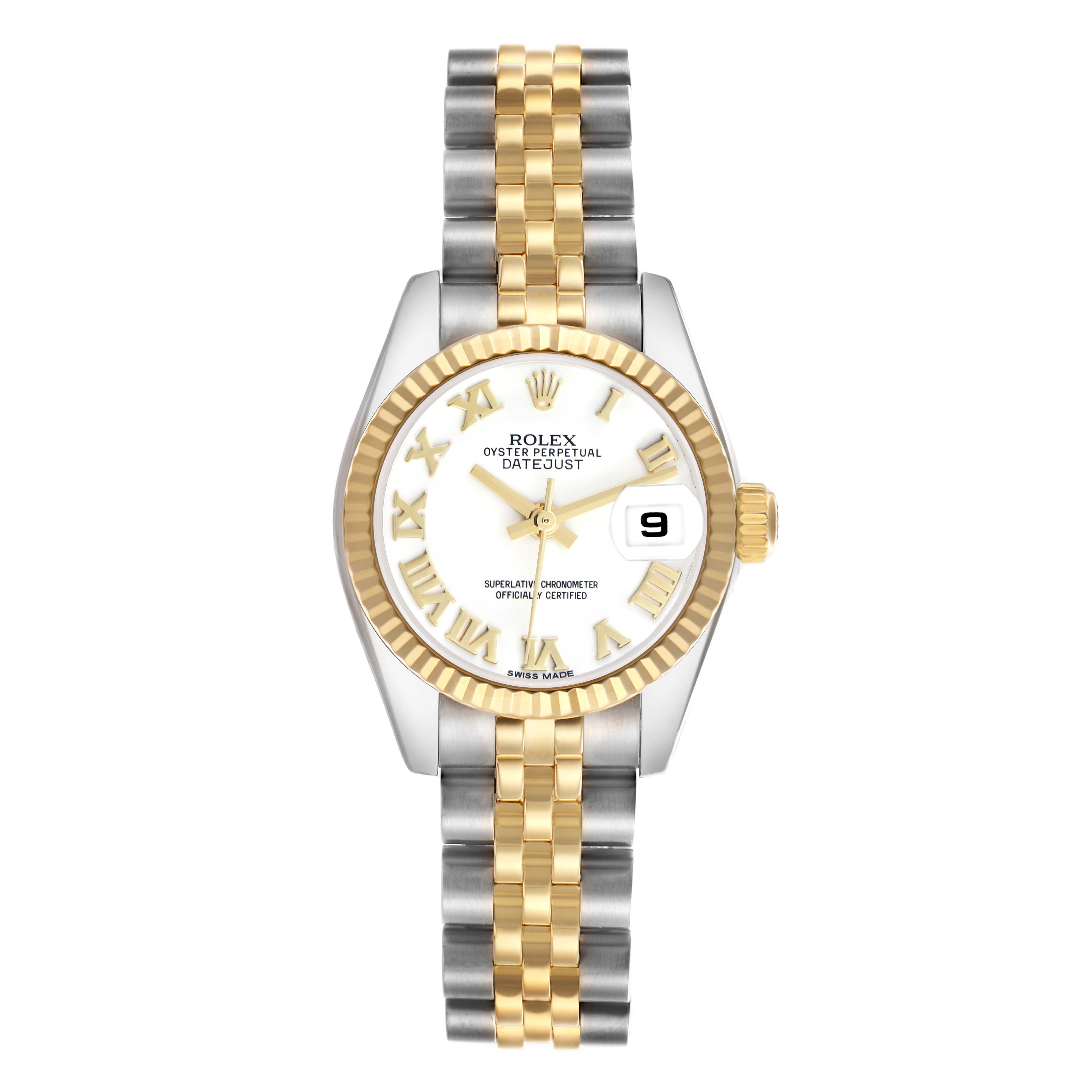 The Rolex Datejust 179173 Women's Steel and Gold (two tone) White Dial 179173 Women's Steel and Gold (two tone) White Dial watch is shown from a top view, highlighting its dial, fluted bezel, and Jubilee bracelet.