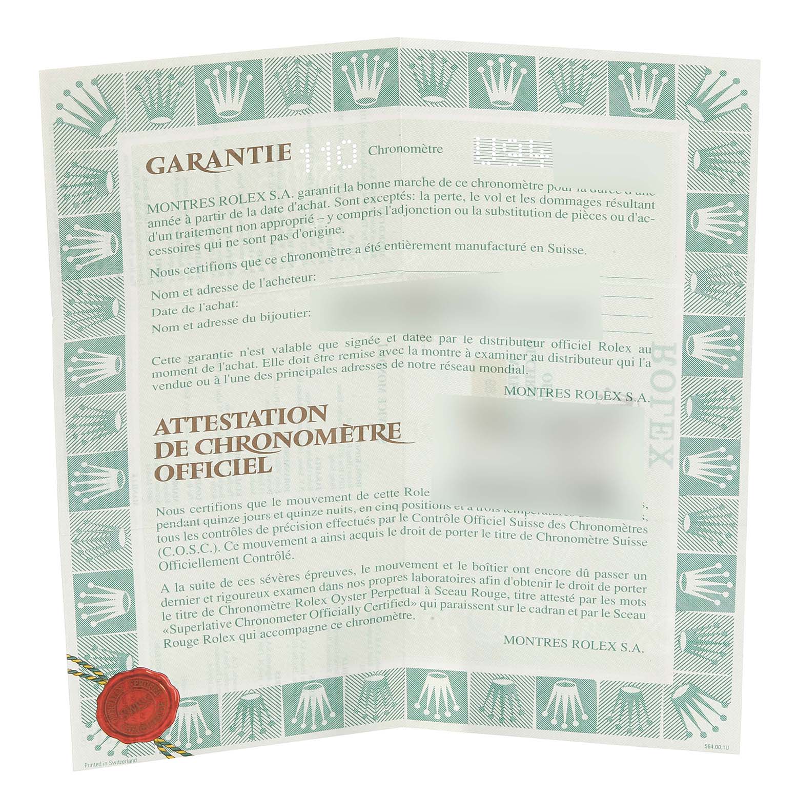 The image shows a warranty card for a Rolex Datejust 69163 Women's Steel and Gold (two tone) Grey Dial 69163 Women's Steel and Gold (two tone) Grey Dial model, with folded sides and text in French.