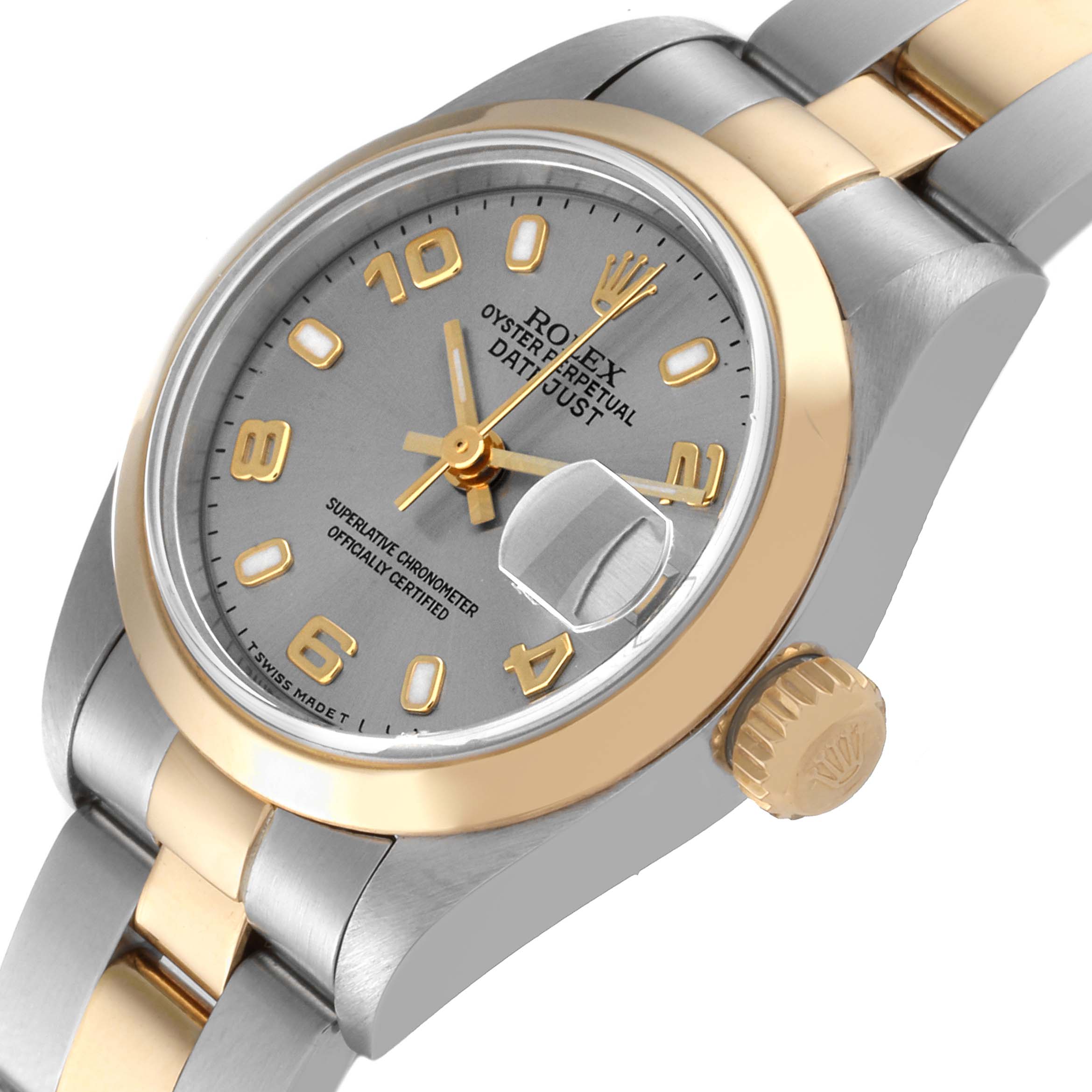 The image shows a Rolex Datejust 69163 Women's Steel and Gold (two tone) Grey Dial 69163 Women's Steel and Gold (two tone) Grey Dial watch at an angled close-up, highlighting the dial, bezel, crown, and part of the bracelet.