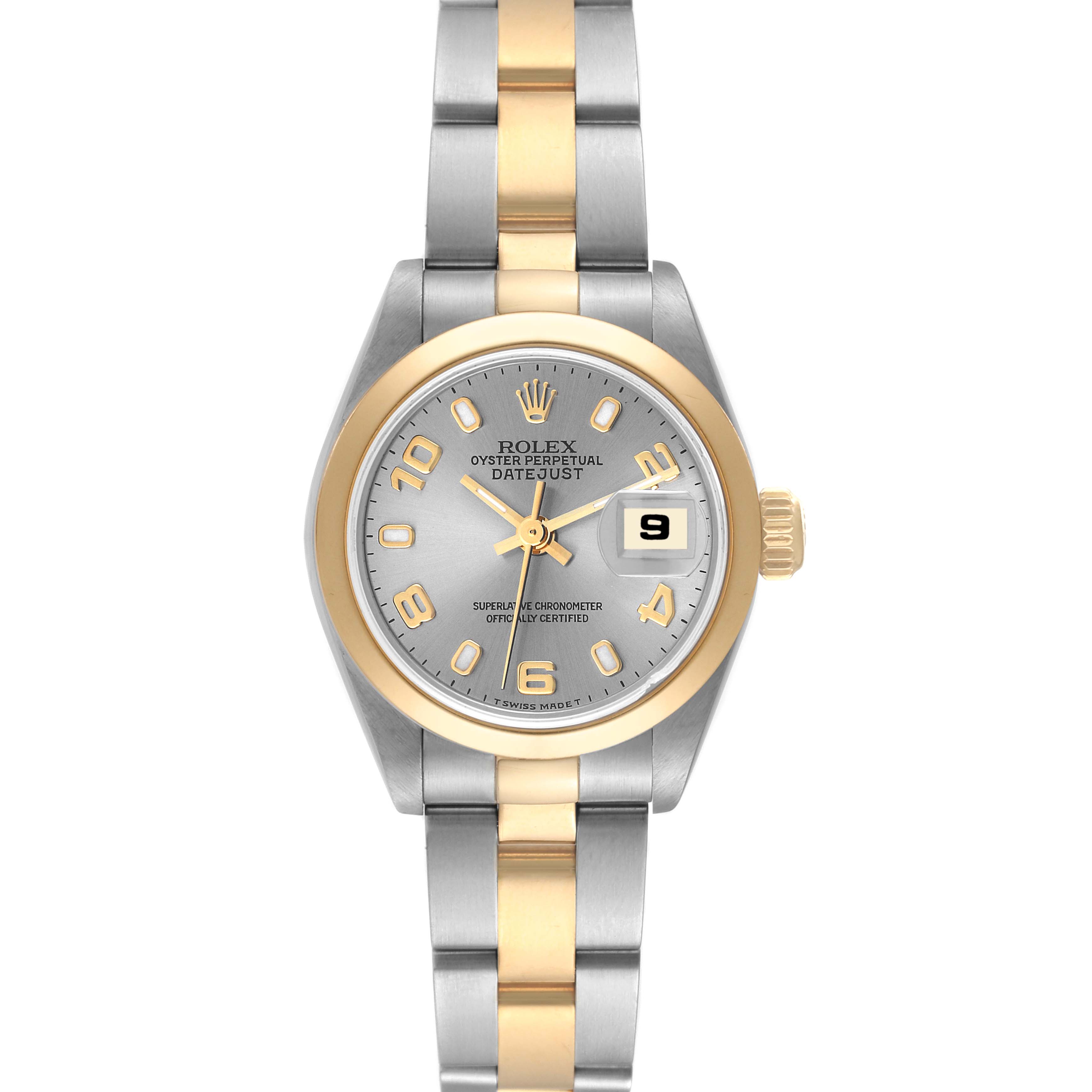 The Rolex Datejust 69163 Women's Steel and Gold (two tone) Grey Dial 69163 Women's Steel and Gold (two tone) Grey Dial watch is shown from the front, displaying its face, bezel, bracelet, and crown.
