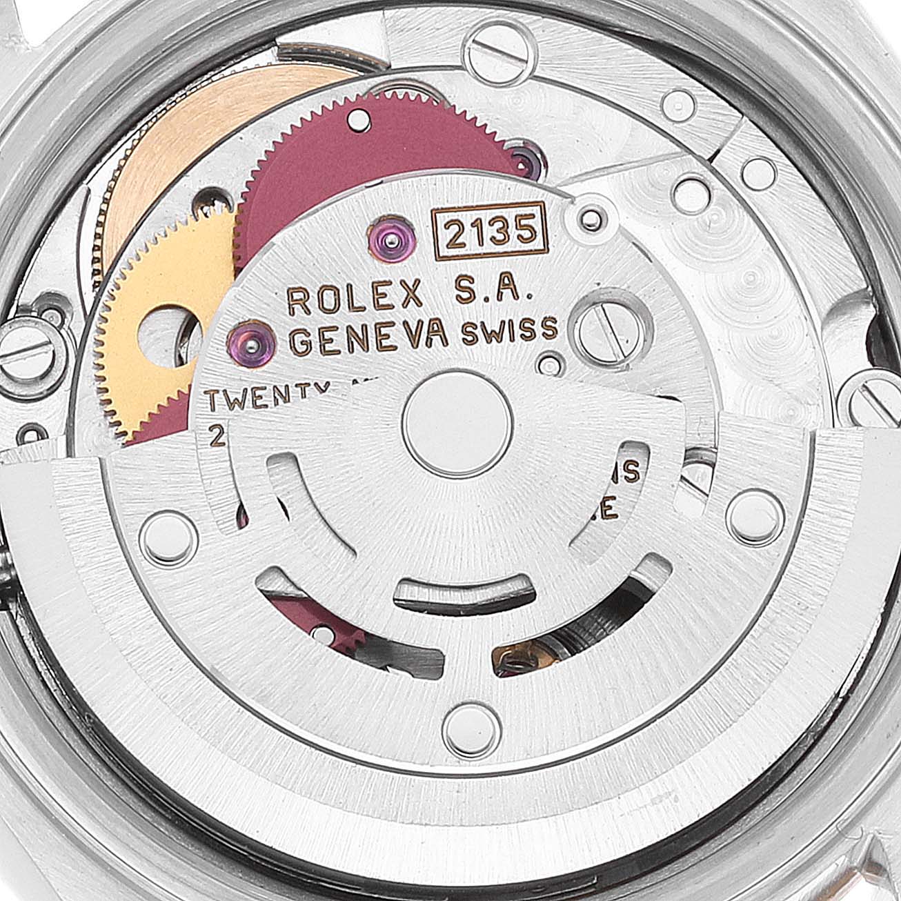 The image shows an internal view of the Rolex Datejust 69163 Women's Steel and Gold (two tone) Grey Dial 69163 Women's Steel and Gold (two tone) Grey Dial watch mechanism with visible gears and the Rolex logo.