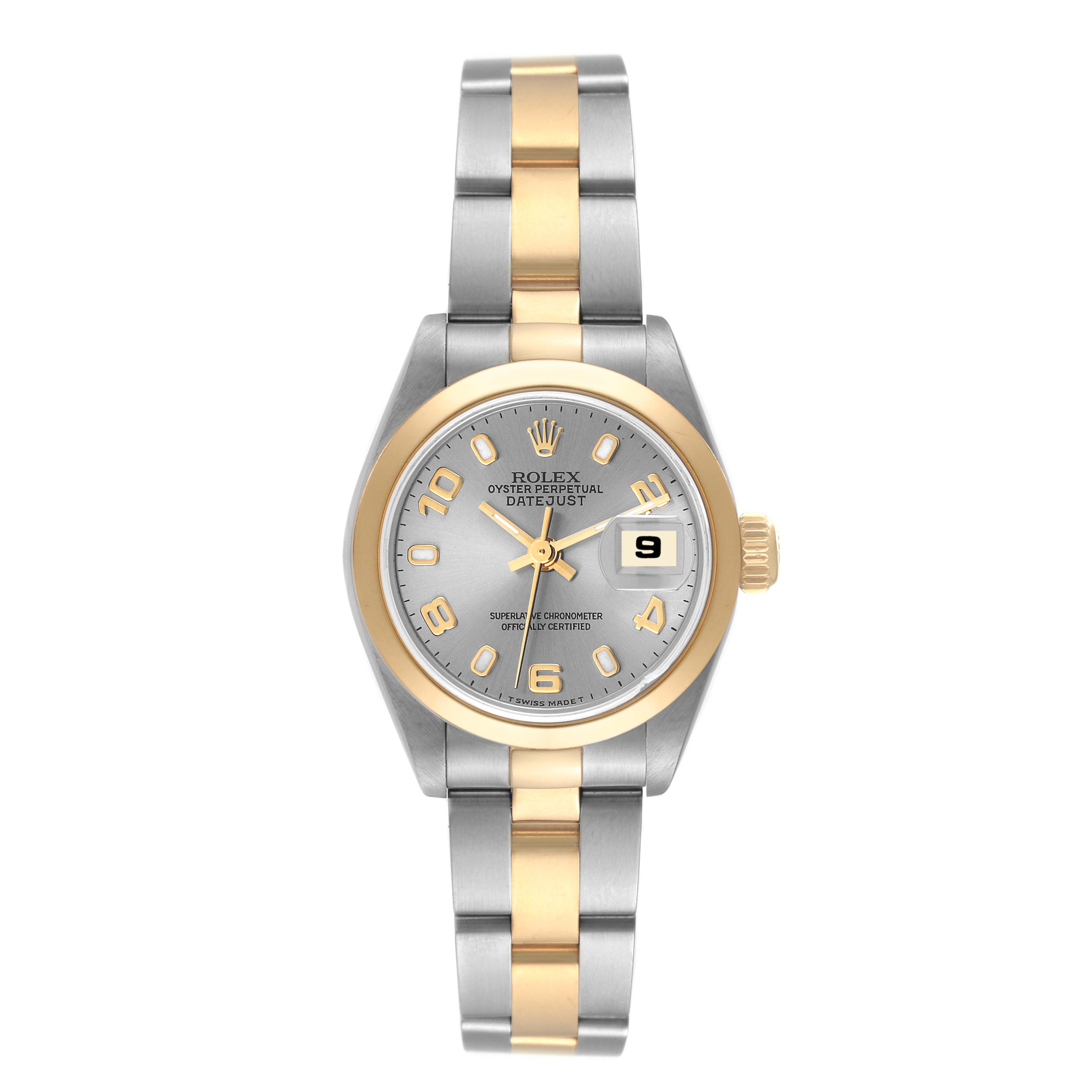 This Rolex Datejust 69163 Women's Steel and Gold (two tone) Grey Dial 69163 Women's Steel and Gold (two tone) Grey Dial watch is shown from a front angle, displaying the dial, bezel, and bracelet.