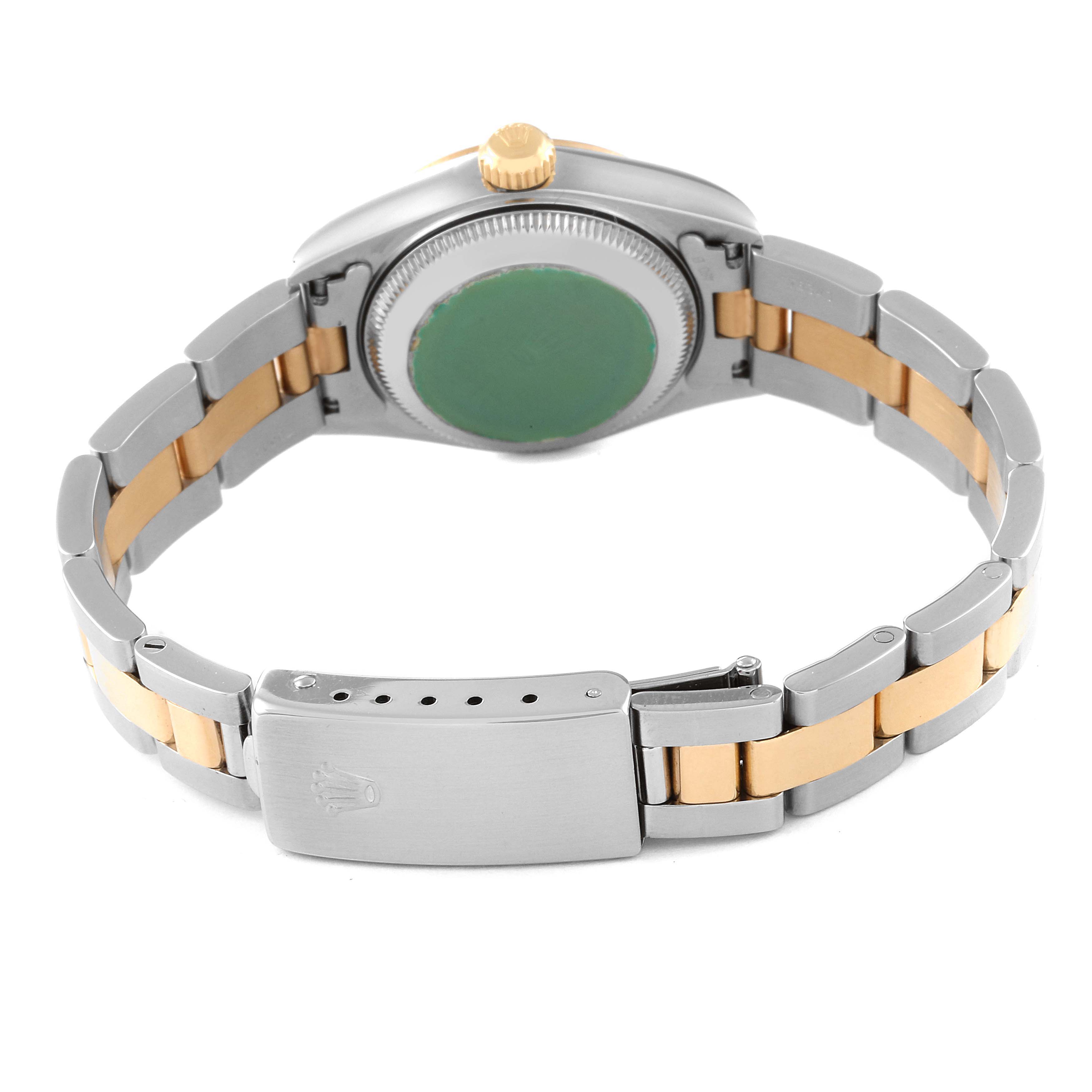 This image shows the back case and open clasp of a Rolex Datejust 69163 Women's Steel and Gold (two tone) Grey Dial 69163 Women's Steel and Gold (two tone) Grey Dial model watch, focusing on the bracelet and crown.