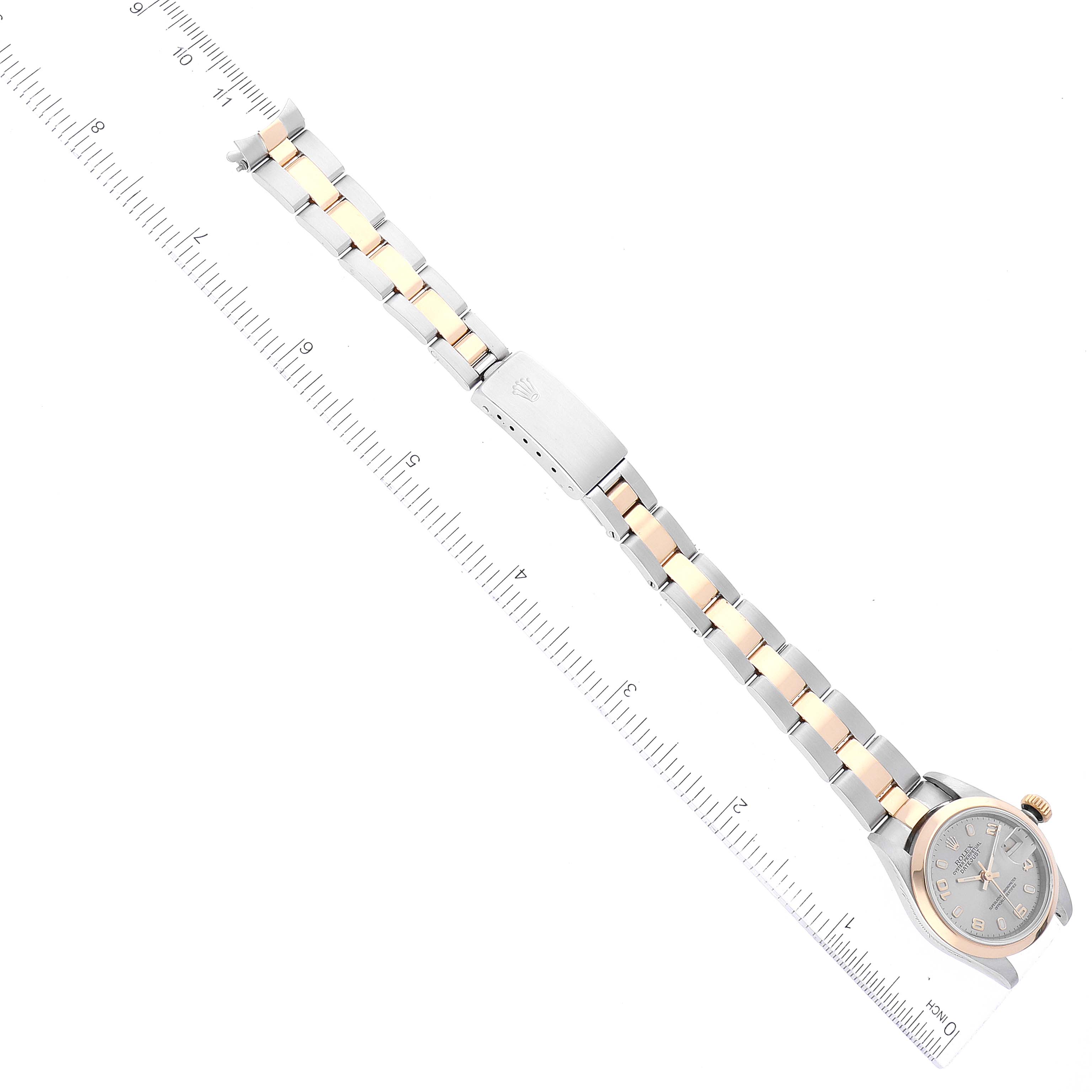 The image shows a top view of a Rolex Datejust 69163 Women's Steel and Gold (two tone) Grey Dial 69163 Women's Steel and Gold (two tone) Grey Dial watch, focusing on its dial, bracelet, and clasp.