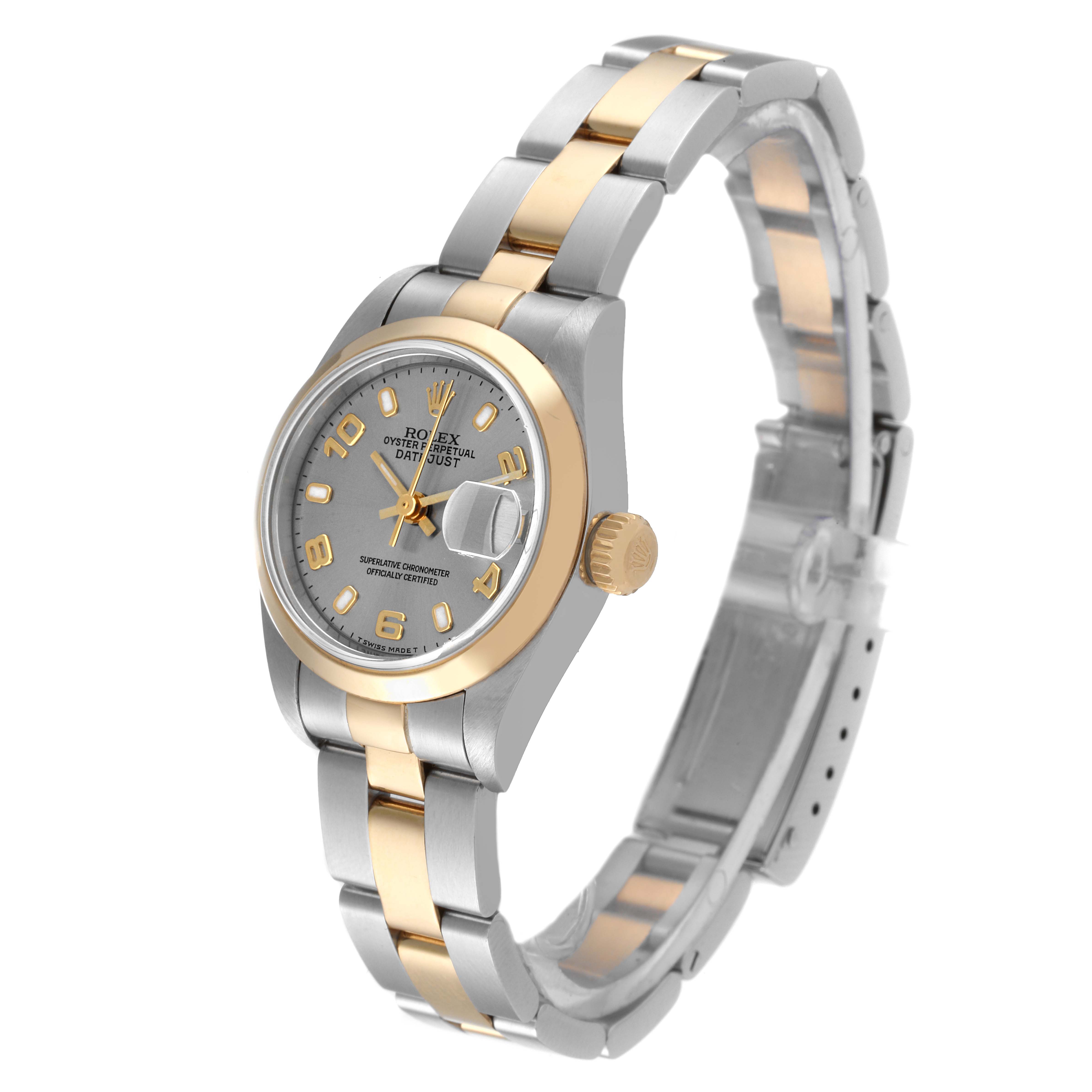 The image shows a Rolex Datejust 69163 Women's Steel and Gold (two tone) Grey Dial 69163 Women's Steel and Gold (two tone) Grey Dial watch at a three-quarter angle, displaying the face, bezel, crown, and part of the bracelet.
