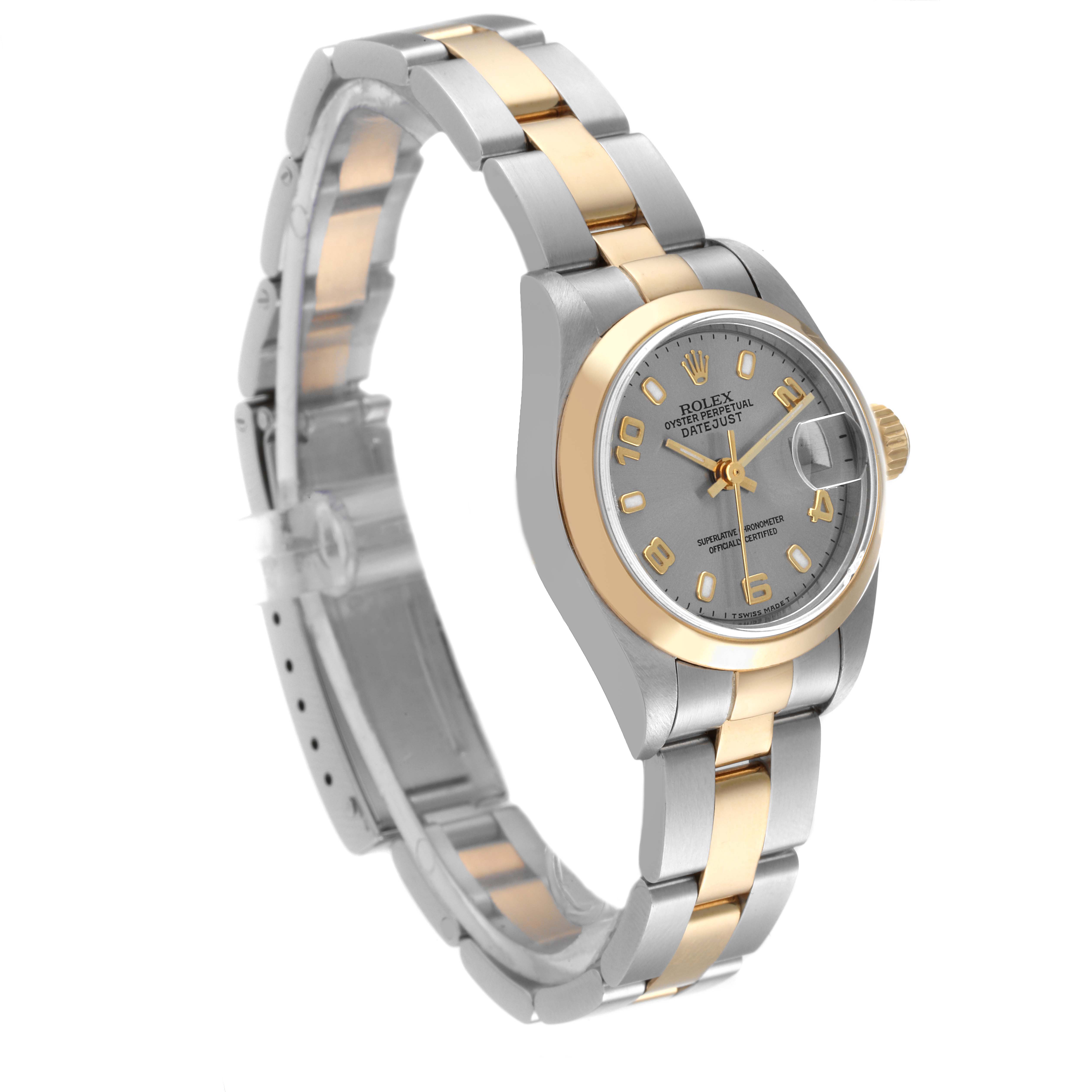 This image shows a Rolex Datejust 69163 Women's Steel and Gold (two tone) Grey Dial 69163 Women's Steel and Gold (two tone) Grey Dial watch from a 3/4 angle, highlighting its two-tone bracelet and silver dial.