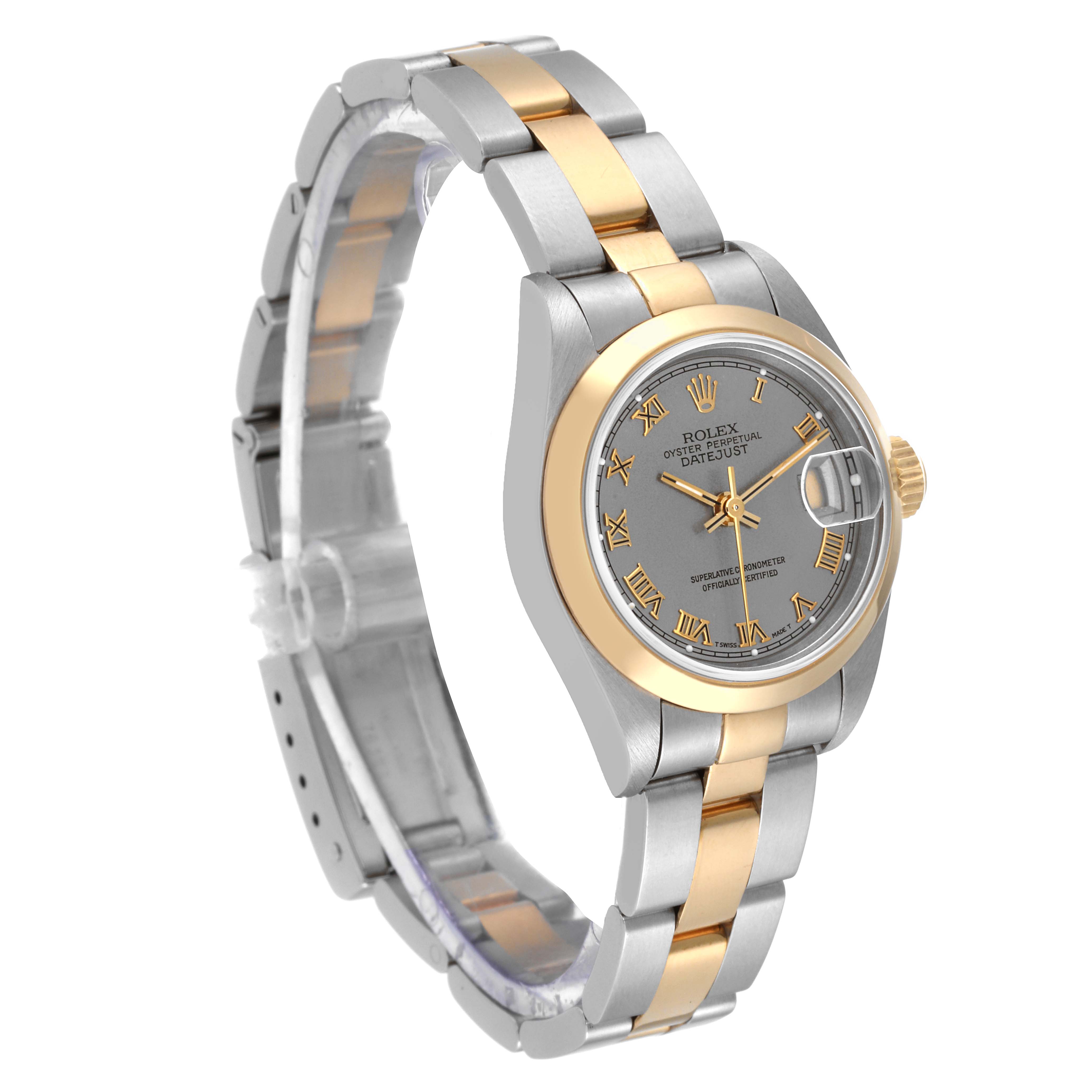 The image shows a Rolex Datejust 69163 Women's Steel and Gold (two tone) Grey Dial 69163 Women's Steel and Gold (two tone) Grey Dial watch at a three-quarter angle, displaying the dial, bezel, and part of the bracelet.