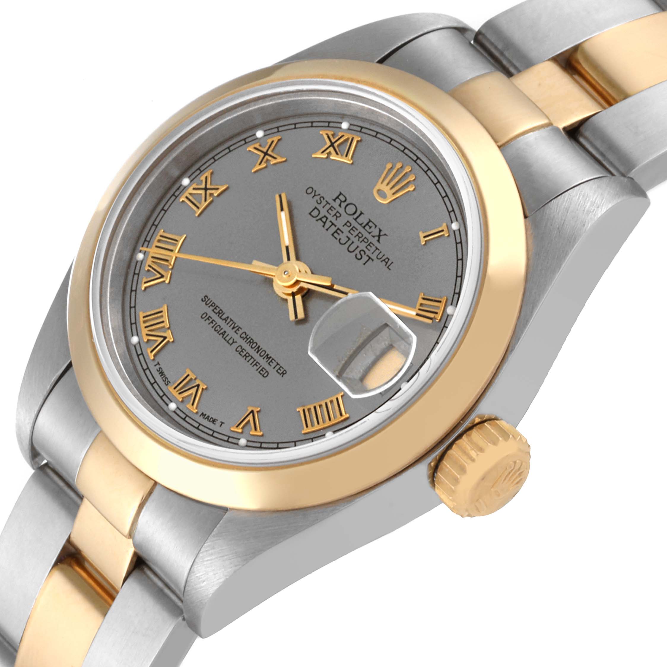 This image shows a close-up angled view of the Rolex Datejust 69163 Women's Steel and Gold (two tone) Grey Dial 69163 Women's Steel and Gold (two tone) Grey Dial watch, focusing on the dial, crown, and bracelet.
