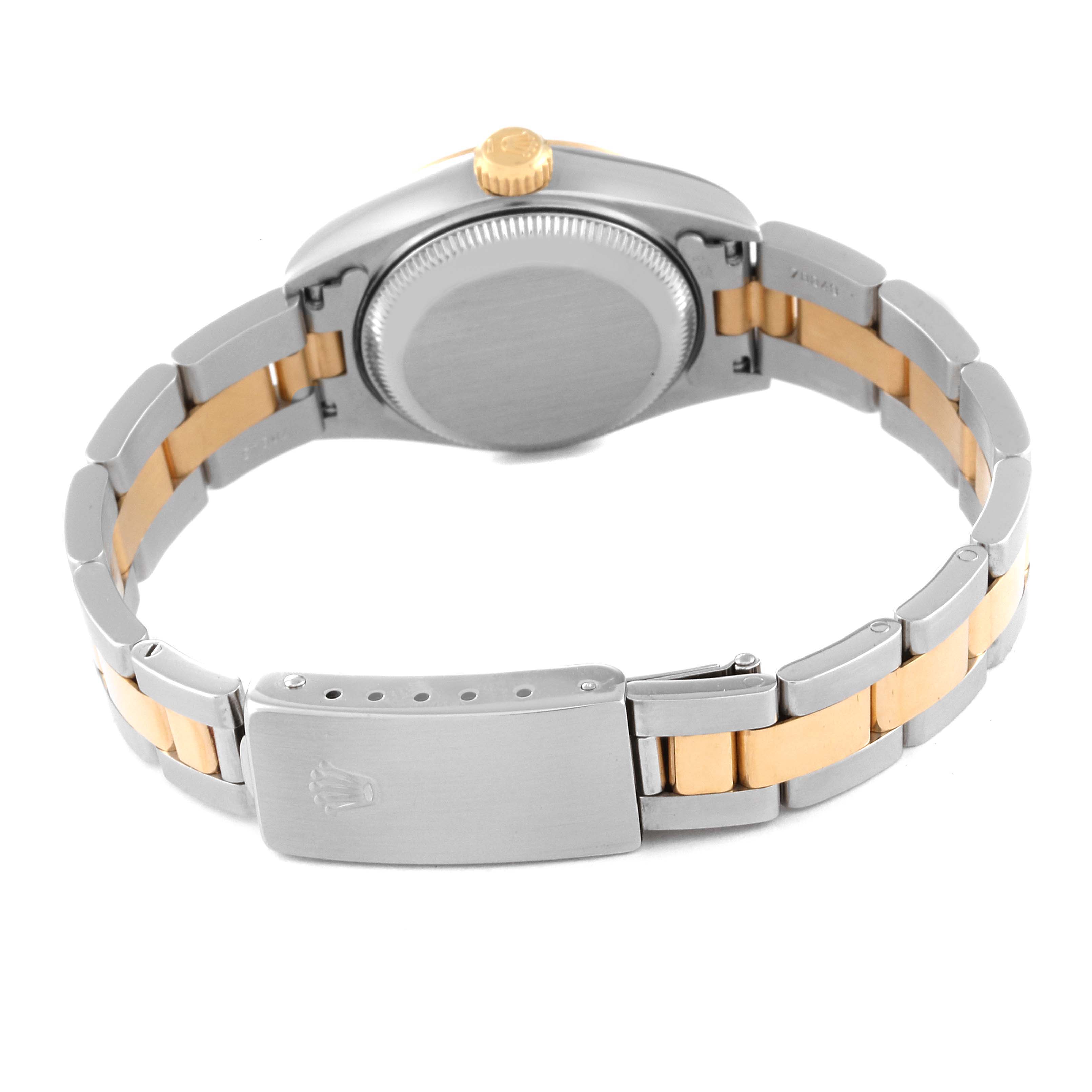 This image shows the back view of a Rolex Datejust 69163 Women's Steel and Gold (two tone) Grey Dial 69163 Women's Steel and Gold (two tone) Grey Dial watch, highlighting the case back and the two-tone bracelet with a closed clasp.
