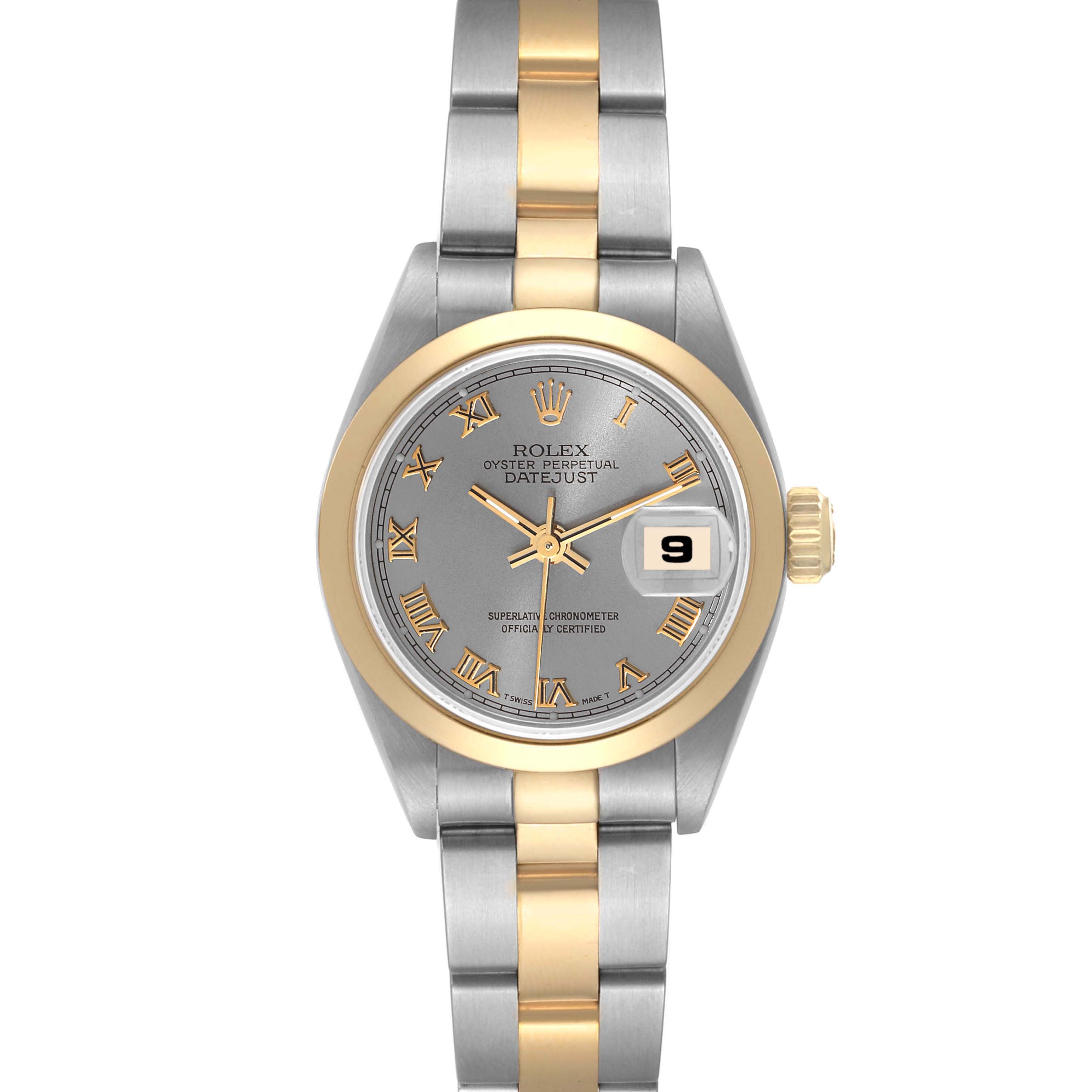 This is a front view of the Rolex Datejust 69163 Women's Steel and Gold (two tone) Grey Dial 69163 Women's Steel and Gold (two tone) Grey Dial watch, showcasing its two-tone band and date window at 3 o'clock.