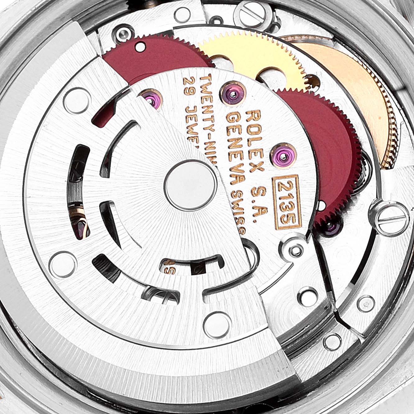 This image shows the internal mechanism of a Rolex Datejust 69163 Women's Steel and Gold (two tone) Grey Dial 69163 Women's Steel and Gold (two tone) Grey Dial watch, focusing on the movement components.