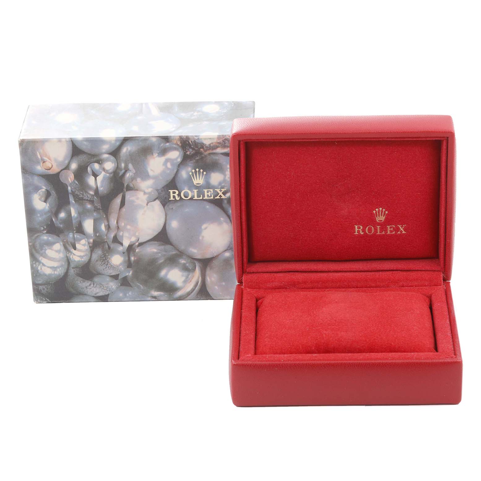 The image shows a Rolex Datejust 69163 Women's Steel and Gold (two tone) Grey Dial 69163 Women's Steel and Gold (two tone) Grey Dial watch box and case, both empty, with the case open and the box displaying the brand logo.