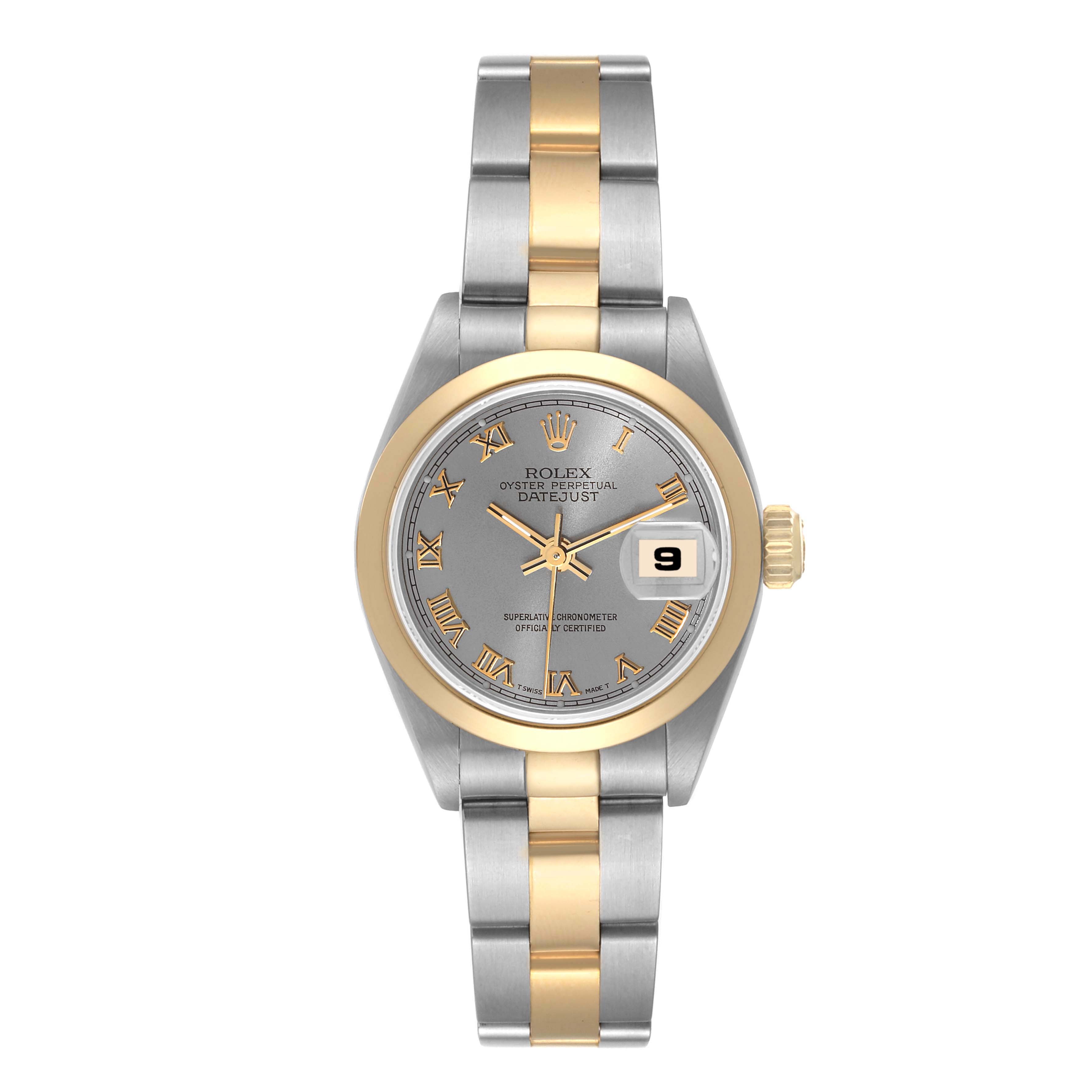 The image shows a top view of a Rolex Datejust 69163 Women's Steel and Gold (two tone) Grey Dial 69163 Women's Steel and Gold (two tone) Grey Dial watch with a gold/silver two-tone bracelet and a grey dial featuring a date window.