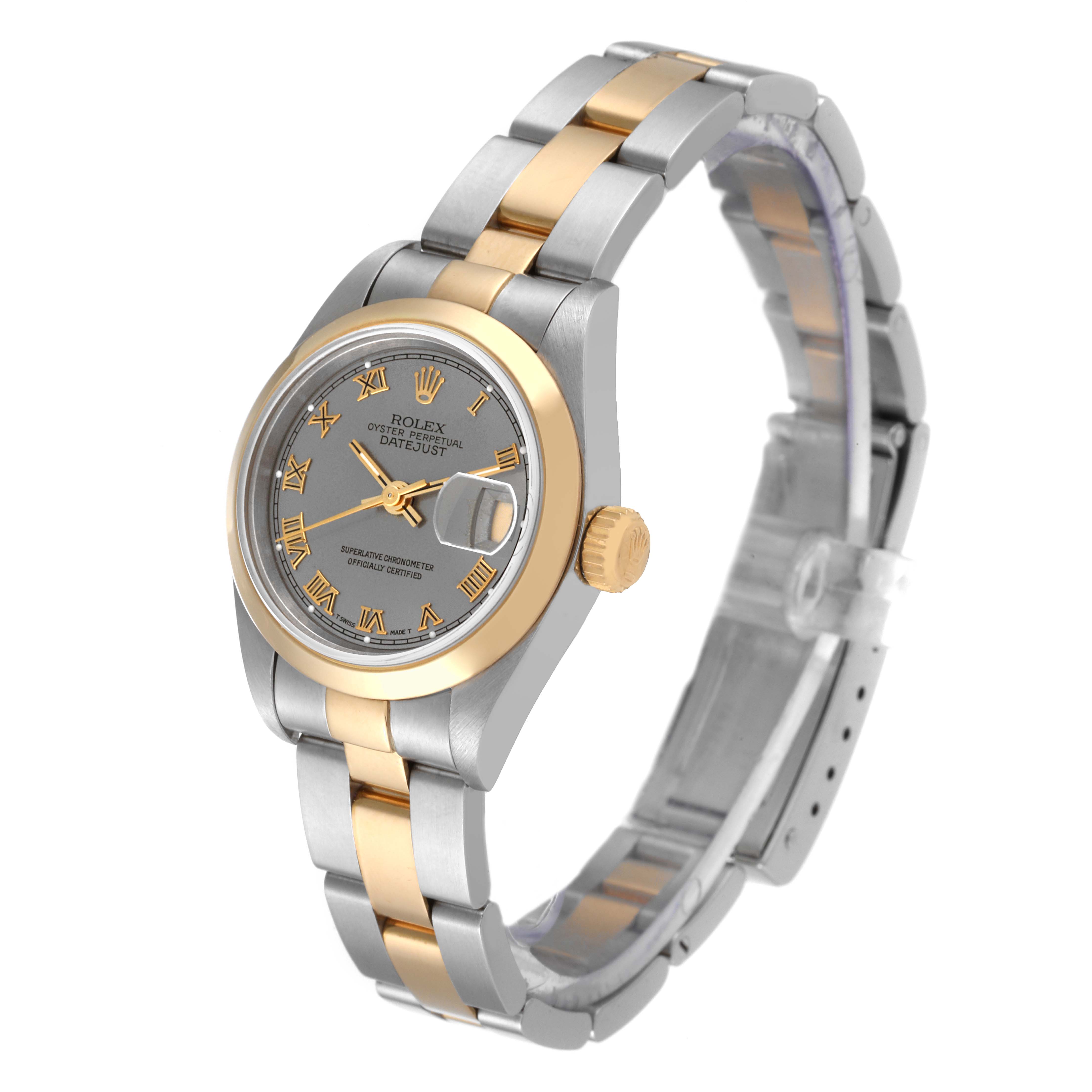 The Rolex Datejust 69163 Women's Steel and Gold (two tone) Grey Dial 69163 Women's Steel and Gold (two tone) Grey Dial watch is shown at an angle highlighting the face, bezel, crown, and bracelet.