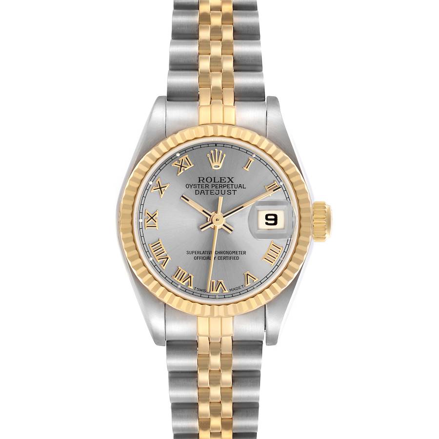 The Rolex Datejust watch is shown from a top-down angle, highlighting its dial, bezel, and Jubilee bracelet.