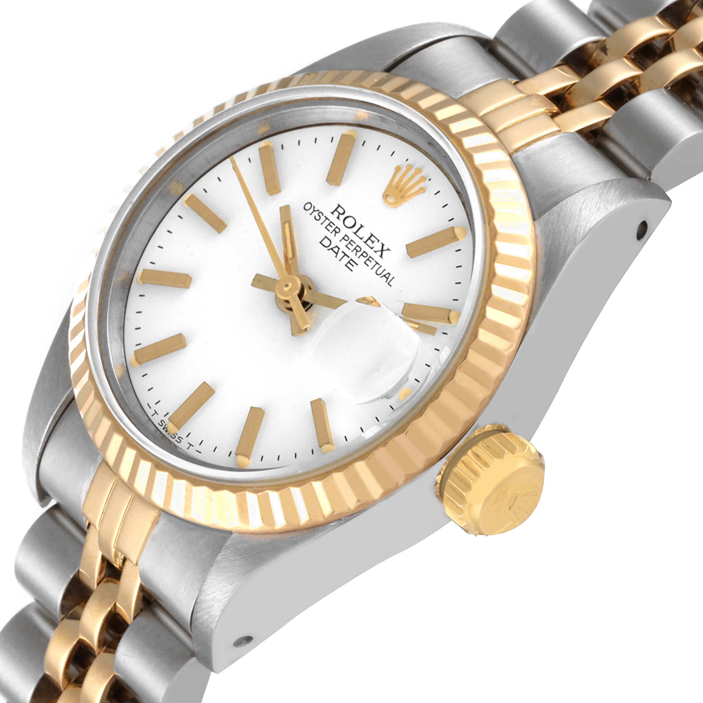 The image shows a Rolex Datejust 69173 Women's Steel and Gold (two tone) White Dial 69173 Women's Steel and Gold (two tone) White Dial watch at an angle, highlighting the dial, crown, bezel, and part of the bracelet.