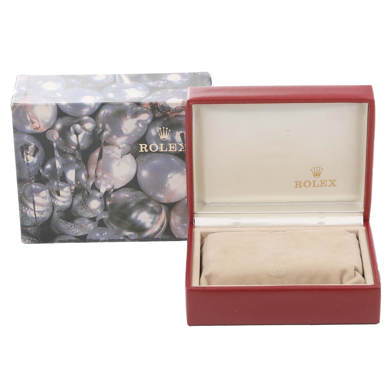 This image shows an empty Rolex Datejust 69173 Women's Steel and Gold (two tone) White Dial 69173 Women's Steel and Gold (two tone) White Dial watch box and its decorative outer packaging.